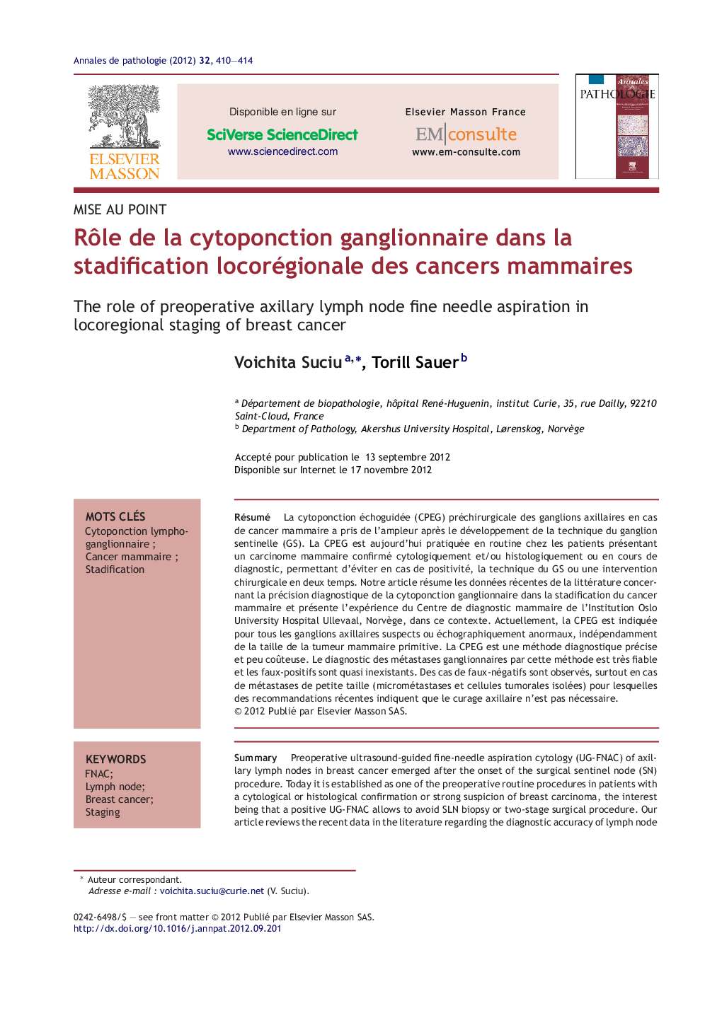 RÃ´le de la cytoponction ganglionnaire dans la stadification locorégionale des cancers mammaires