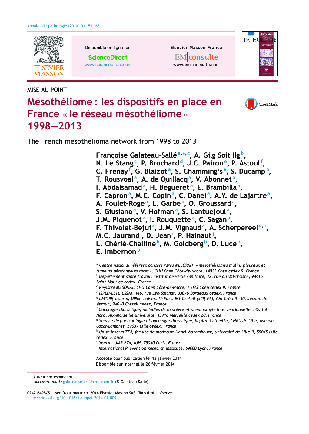 MésothéliomeÂ : les dispositifs en place en France Â«Â le réseau mésothéliomeÂ Â» 1998-2013