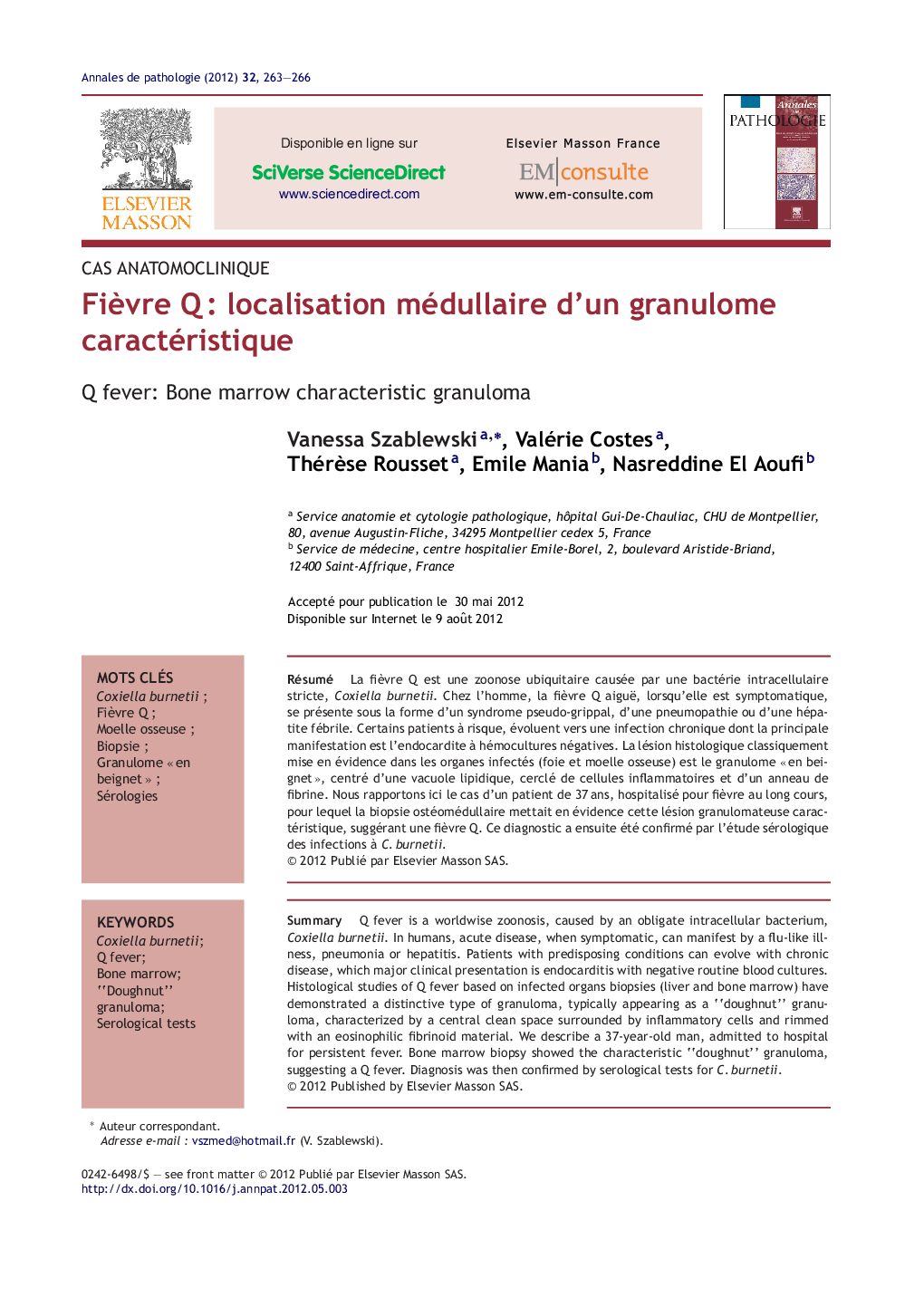 FiÃ¨vre QÂ : localisation médullaire d'un granulome caractéristique