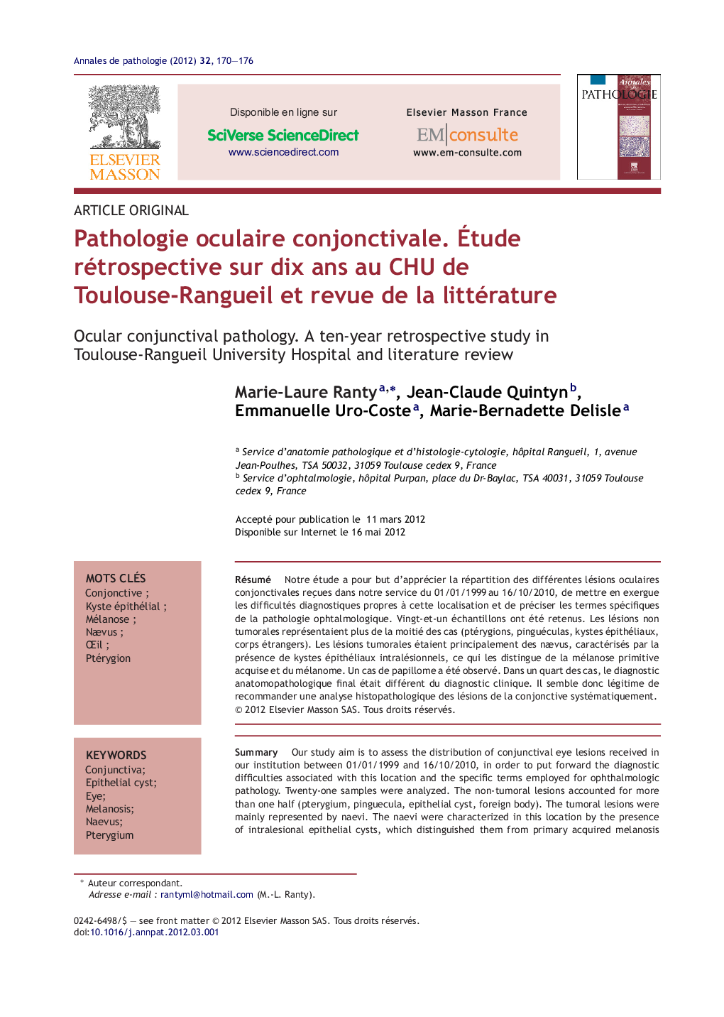 Pathologie oculaire conjonctivale. Ãtude rétrospective sur dix ans au CHU de Toulouse-Rangueil et revue de la littérature