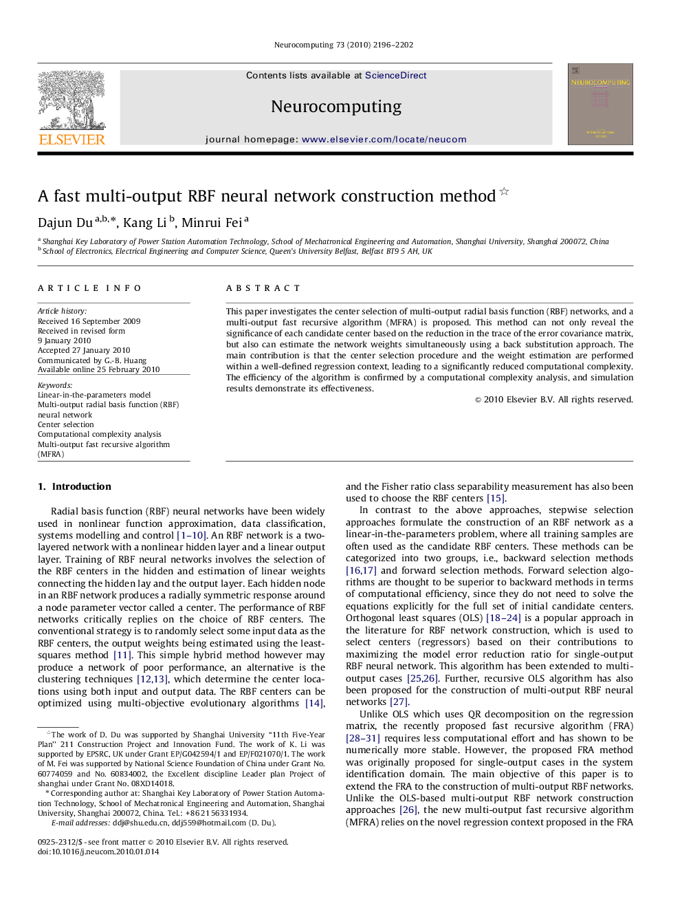 A fast multi-output RBF neural network construction method 