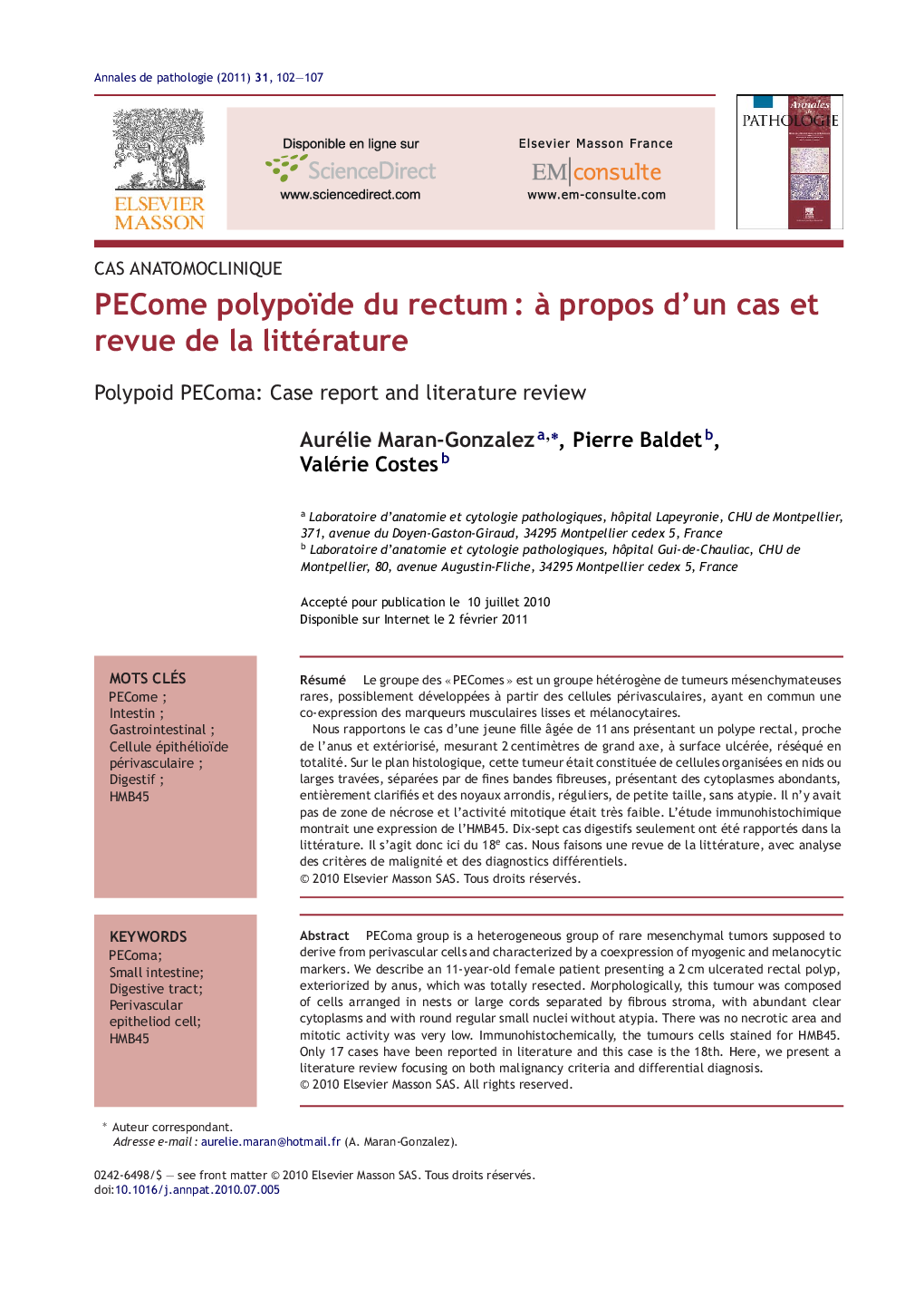 PECome polypoïde du rectumÂ : Ã  propos d'un cas et revue de la littérature