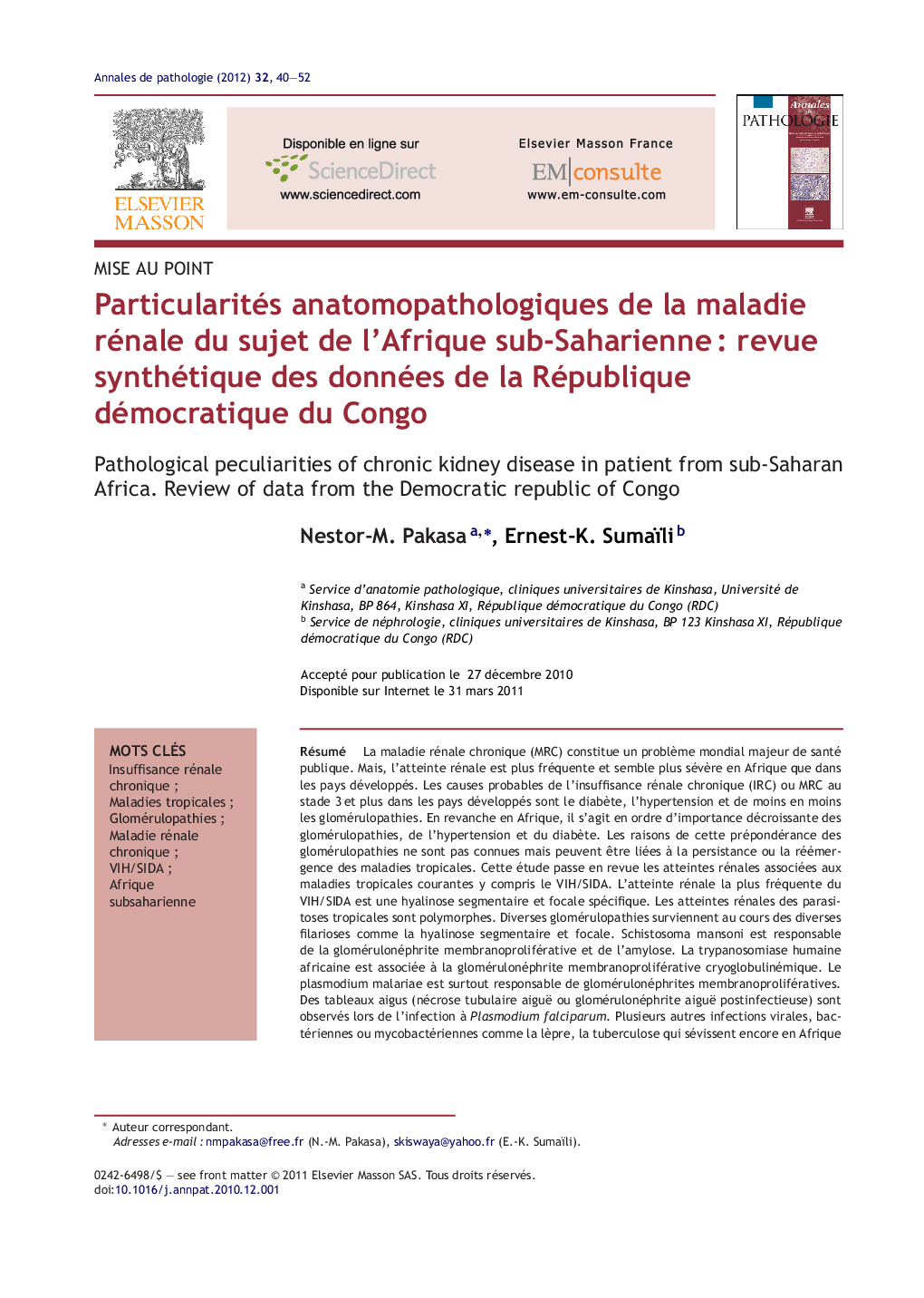 Particularités anatomopathologiques de la maladie rénale du sujet de l'Afrique sub-SaharienneÂ : revue synthétique des données de la République démocratique du Congo