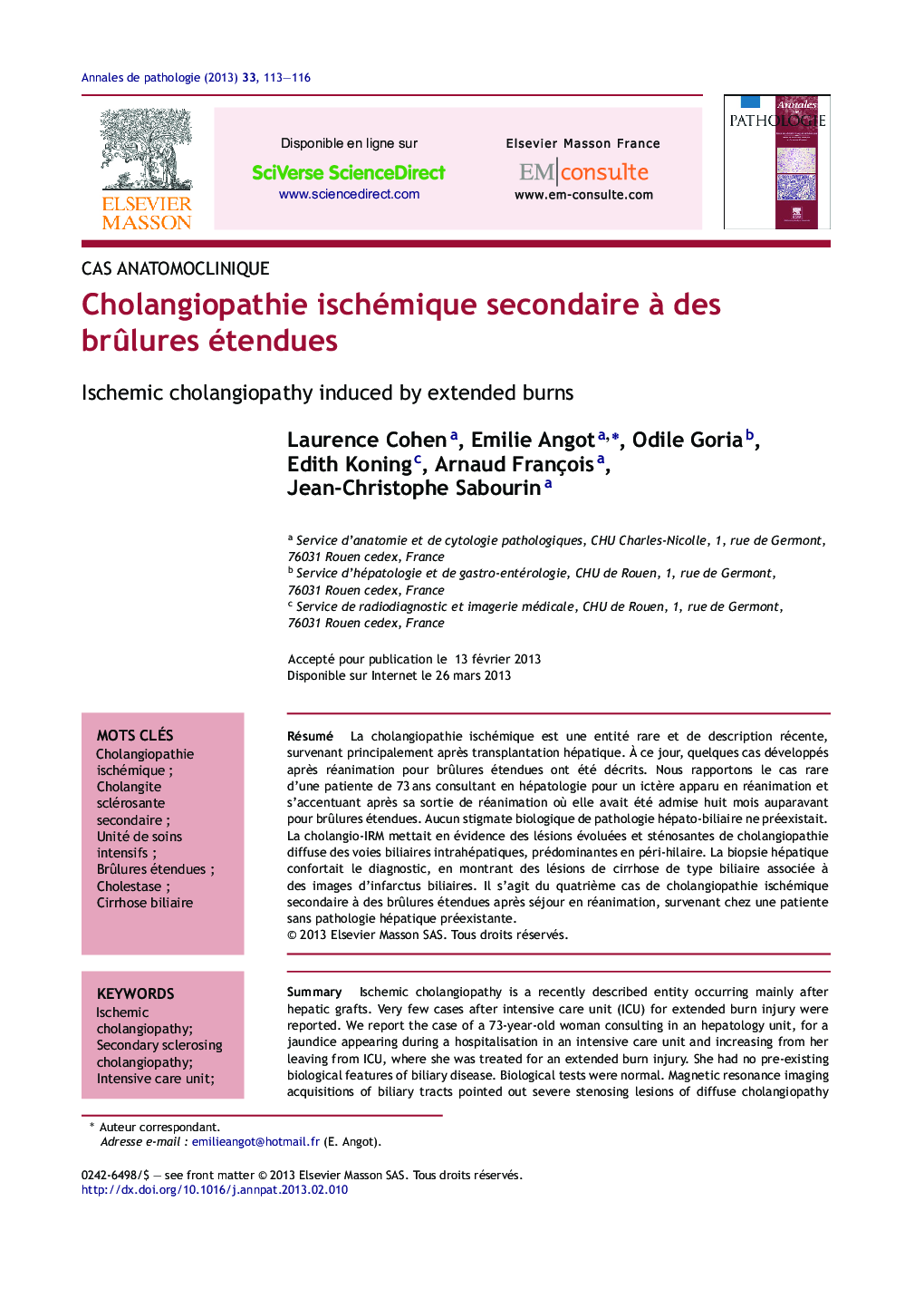 Cholangiopathie ischémique secondaire Ã  des brÃ»lures étendues