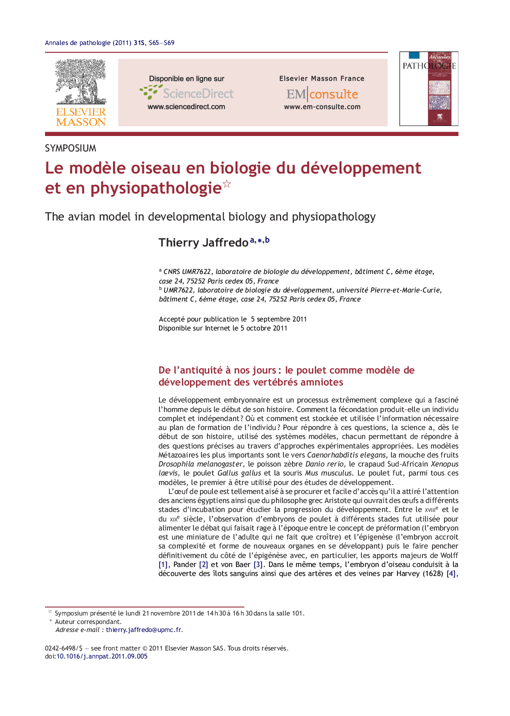 Le modÃ¨le oiseau en biologie du développement et en physiopathologie