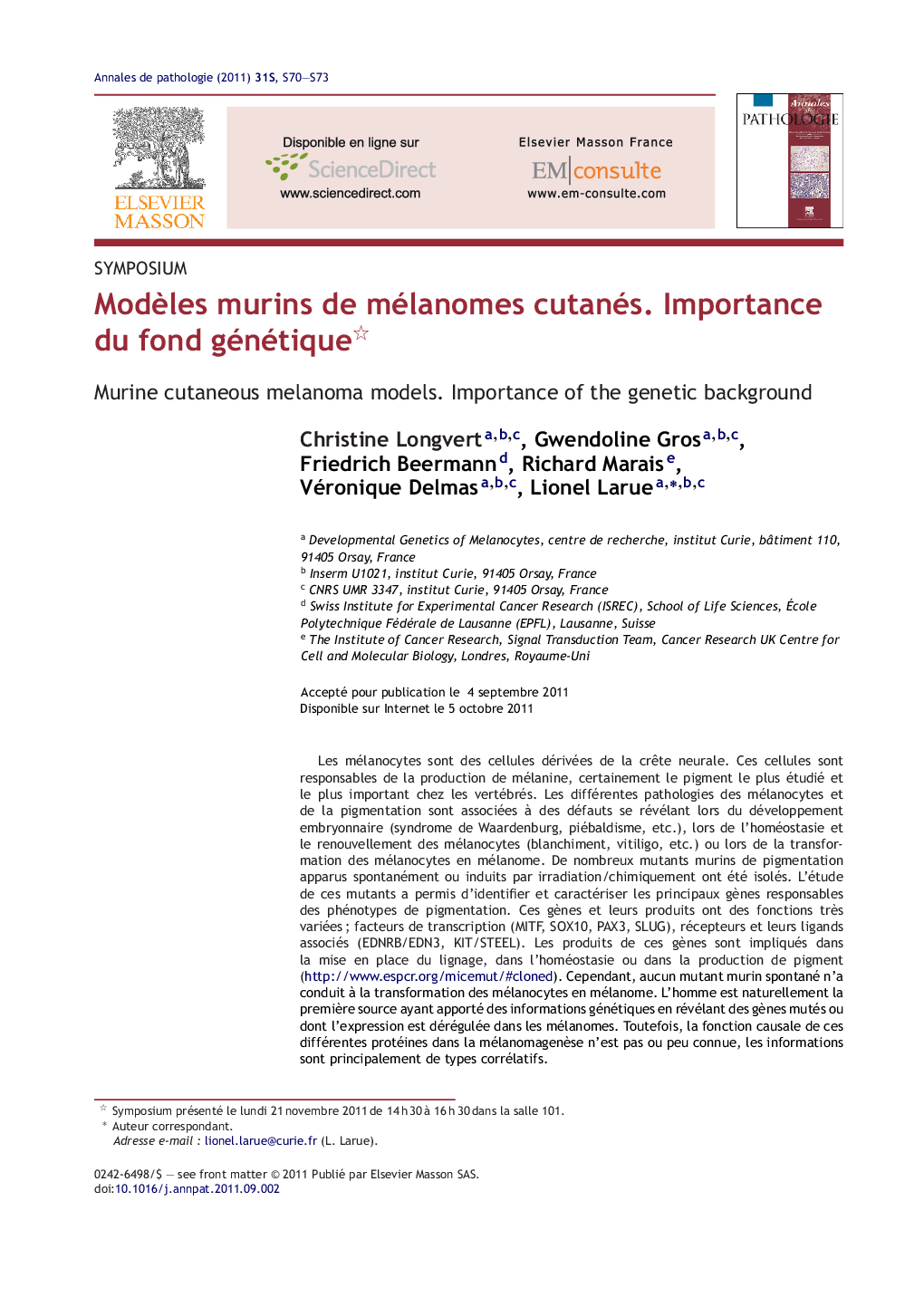 ModÃ¨les murins de mélanomes cutanés. Importance du fond génétique