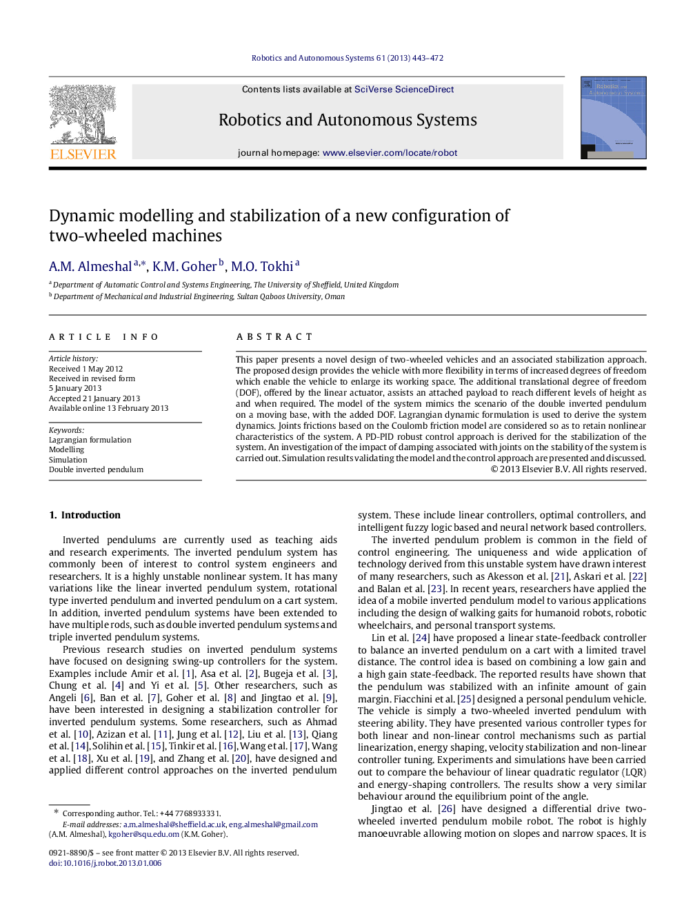 Dynamic modelling and stabilization of a new configuration of two-wheeled machines