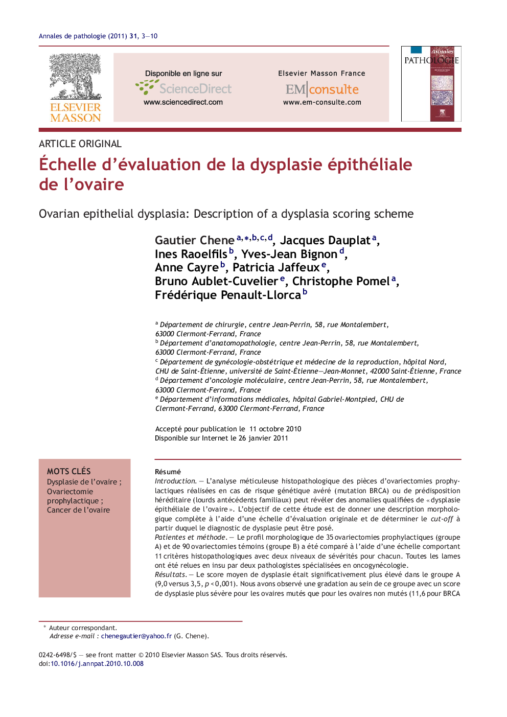 Ãchelle d'évaluation de la dysplasie épithéliale de l'ovaire