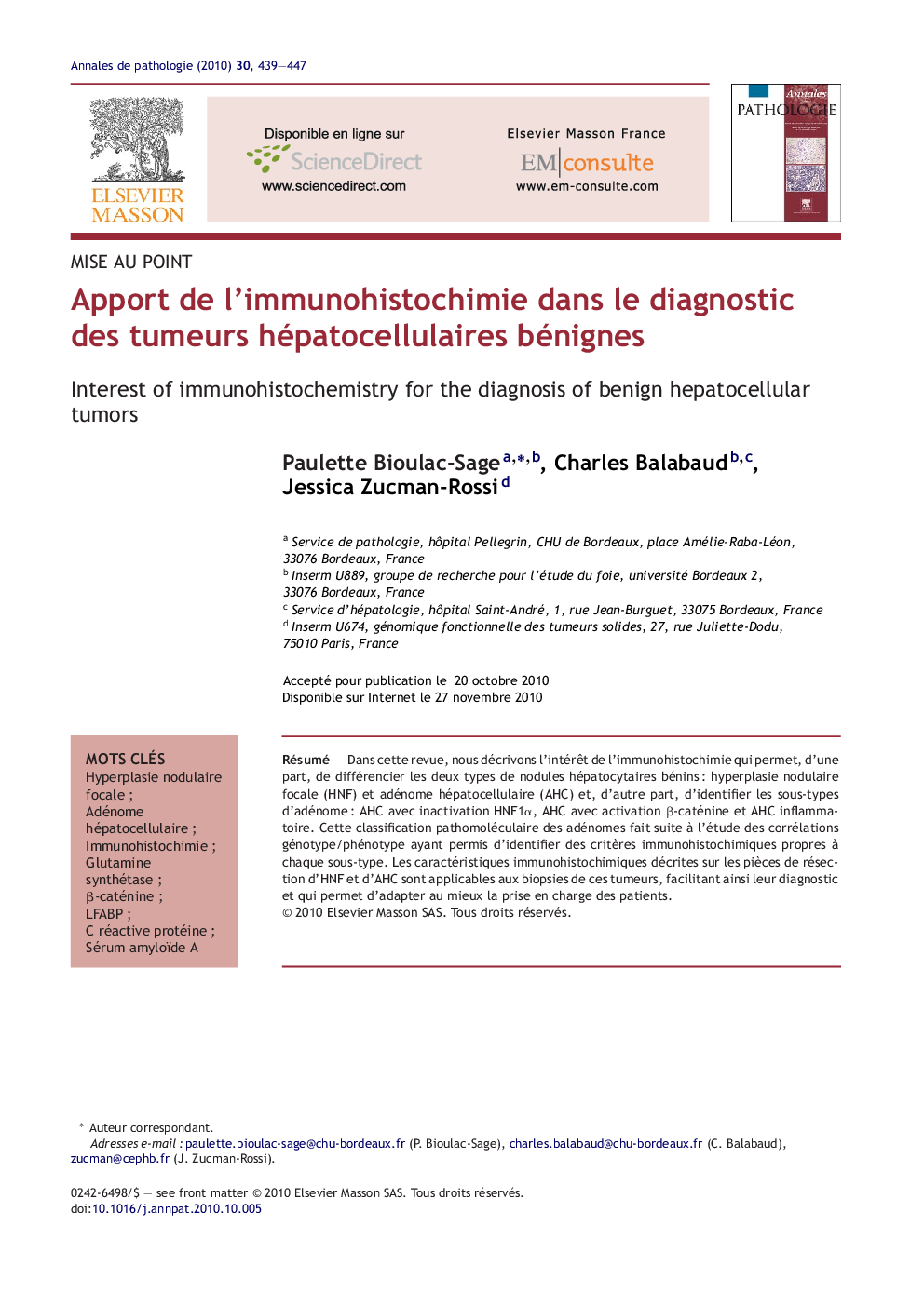 عکس صفحه اول مقاله: Apport de l'immunohistochimie dans le diagnostic des tumeurs hépatocellulaires bénignes Apport de l'immunohistochimie dans le diagnostic des tumeurs hépatocellulaires bénignes