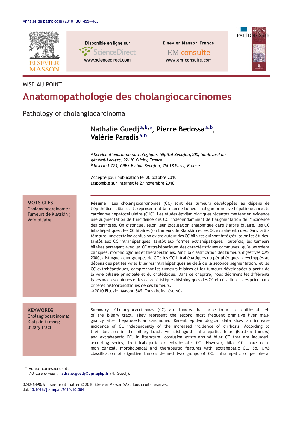 Anatomopathologie des cholangiocarcinomes