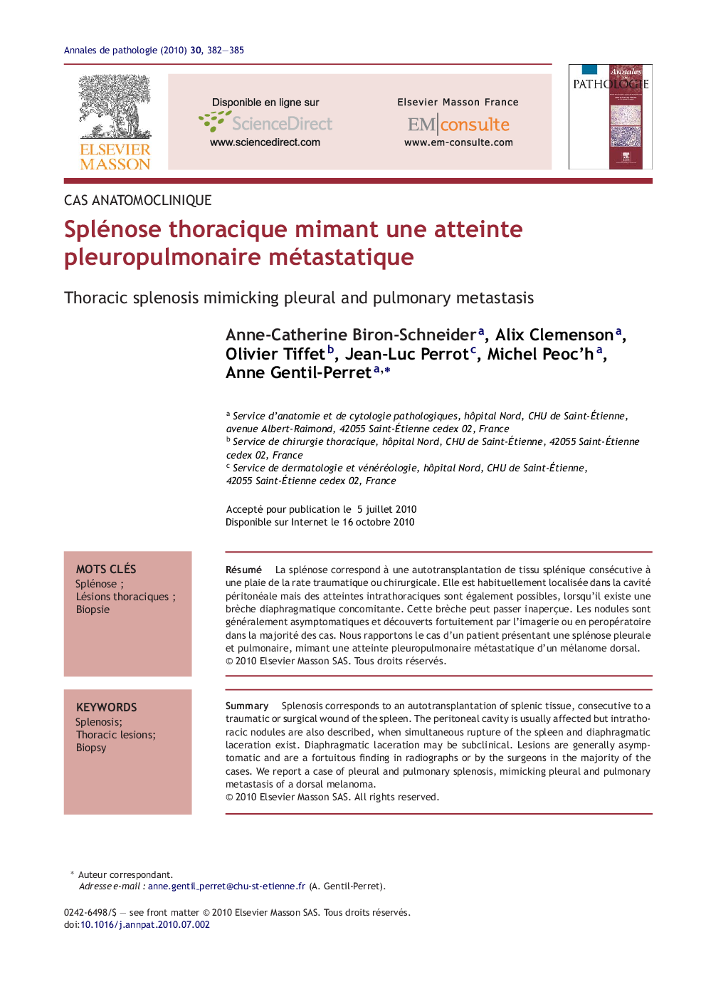 Splénose thoracique mimant une atteinte pleuropulmonaire métastatique