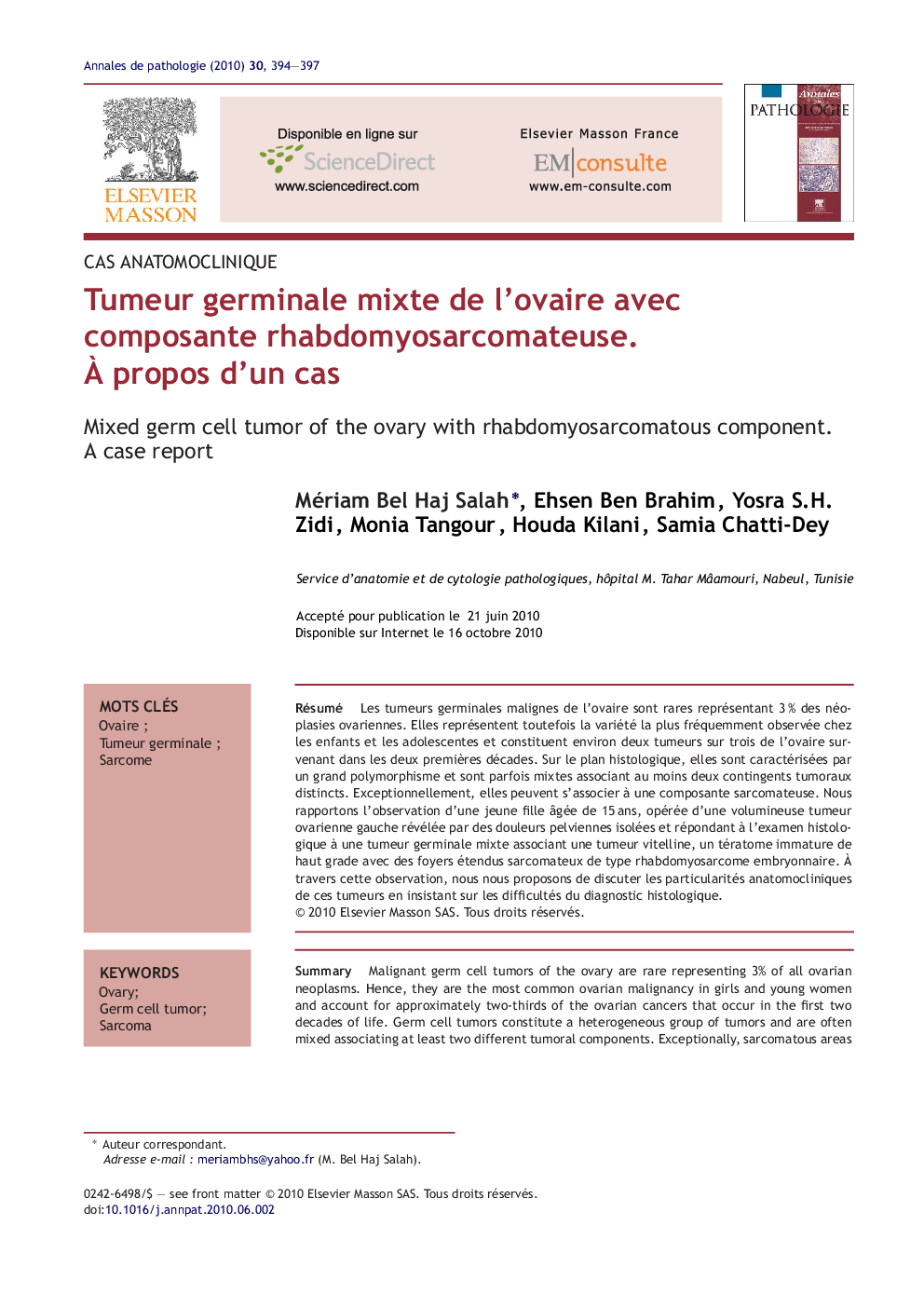 Tumeur germinale mixte de l'ovaire avec composante rhabdomyosarcomateuse. Ã propos d'un cas