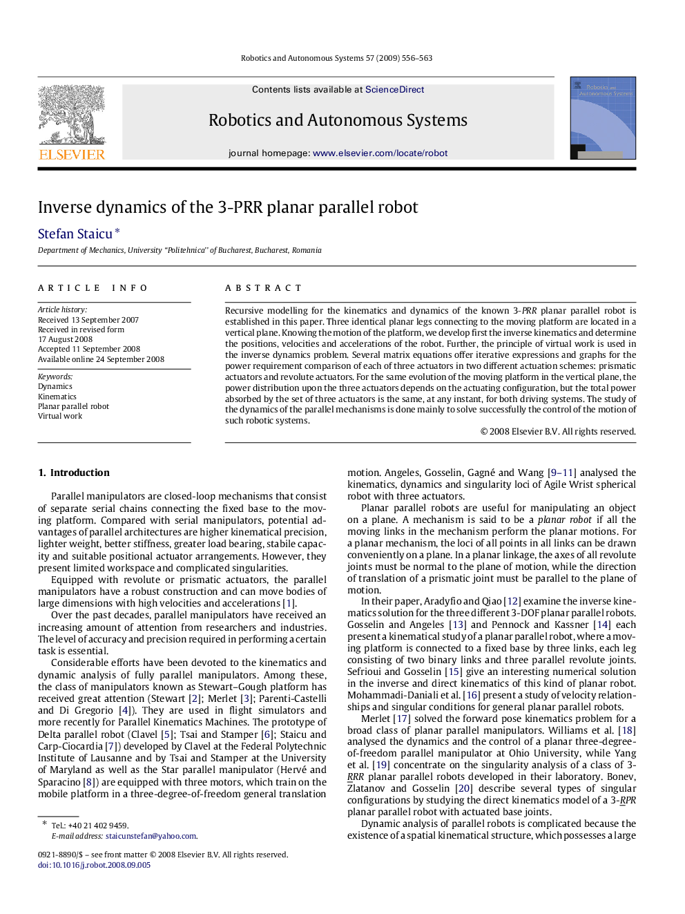 Inverse dynamics of the 3-PRR planar parallel robot