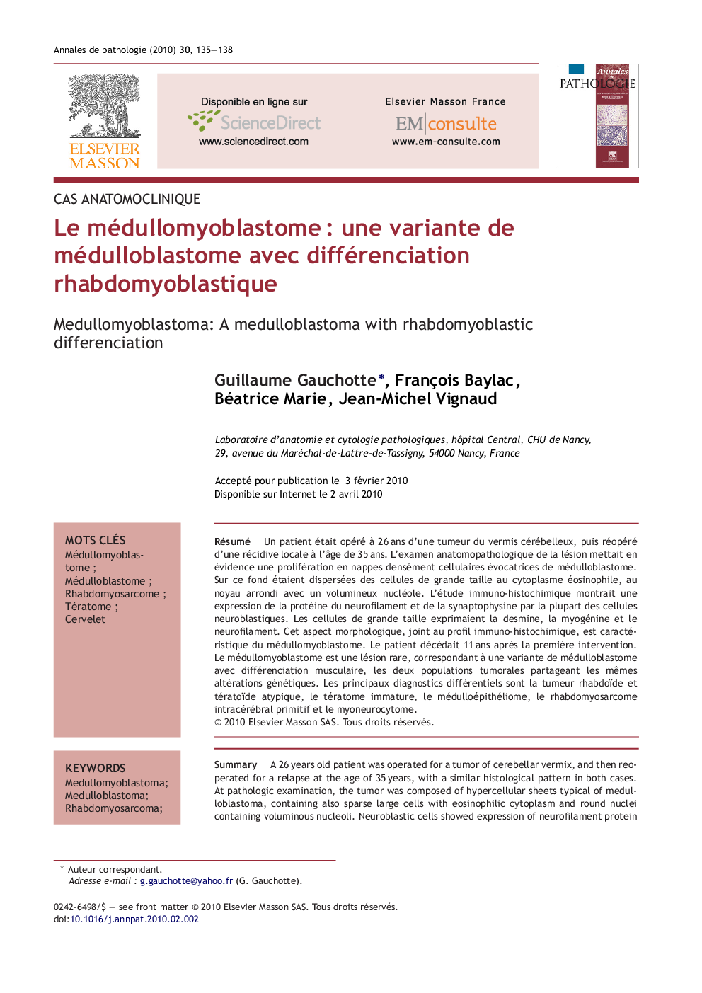 Le médullomyoblastomeÂ : une variante de médulloblastome avec différenciation rhabdomyoblastique