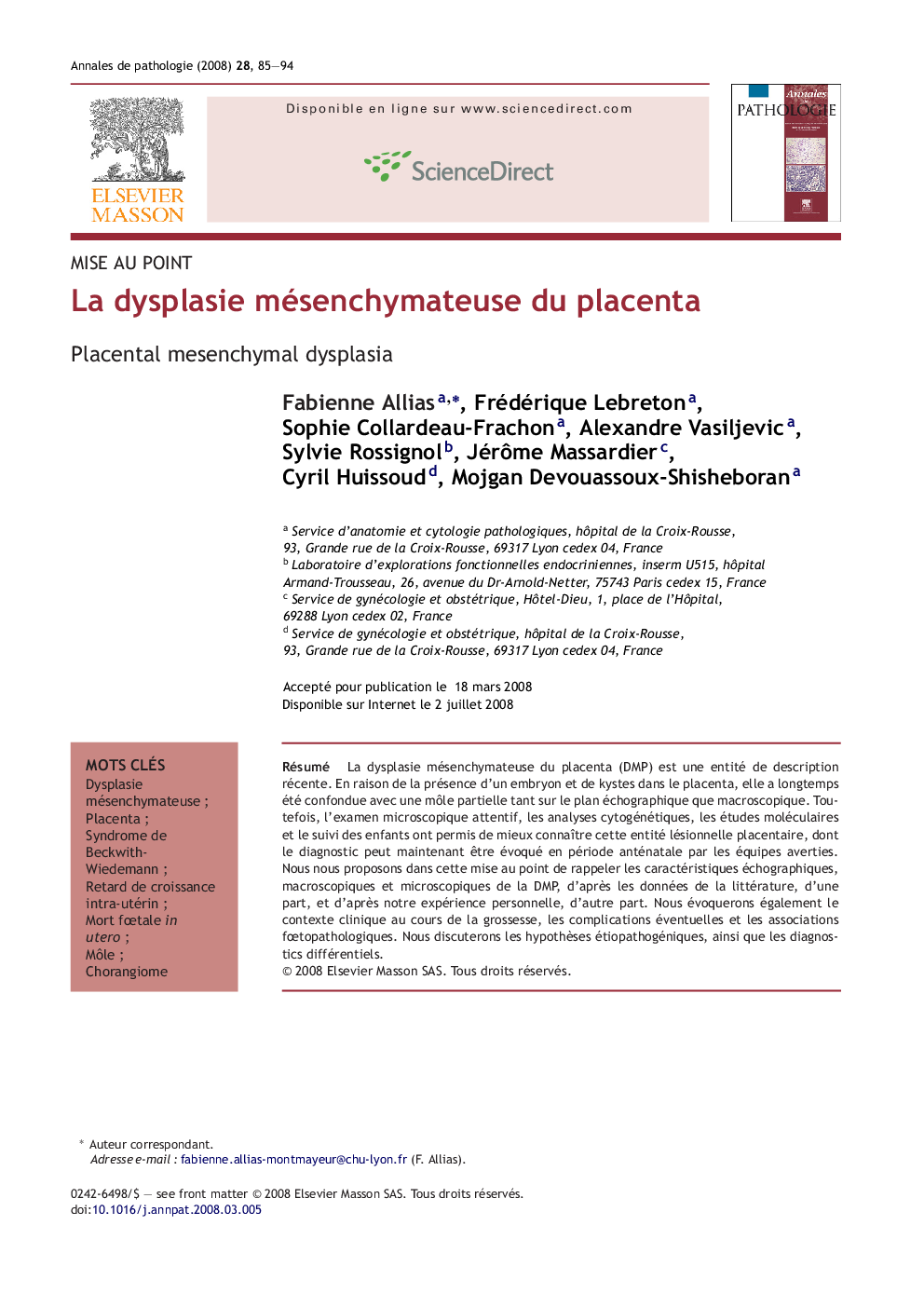 La dysplasie mésenchymateuse du placenta