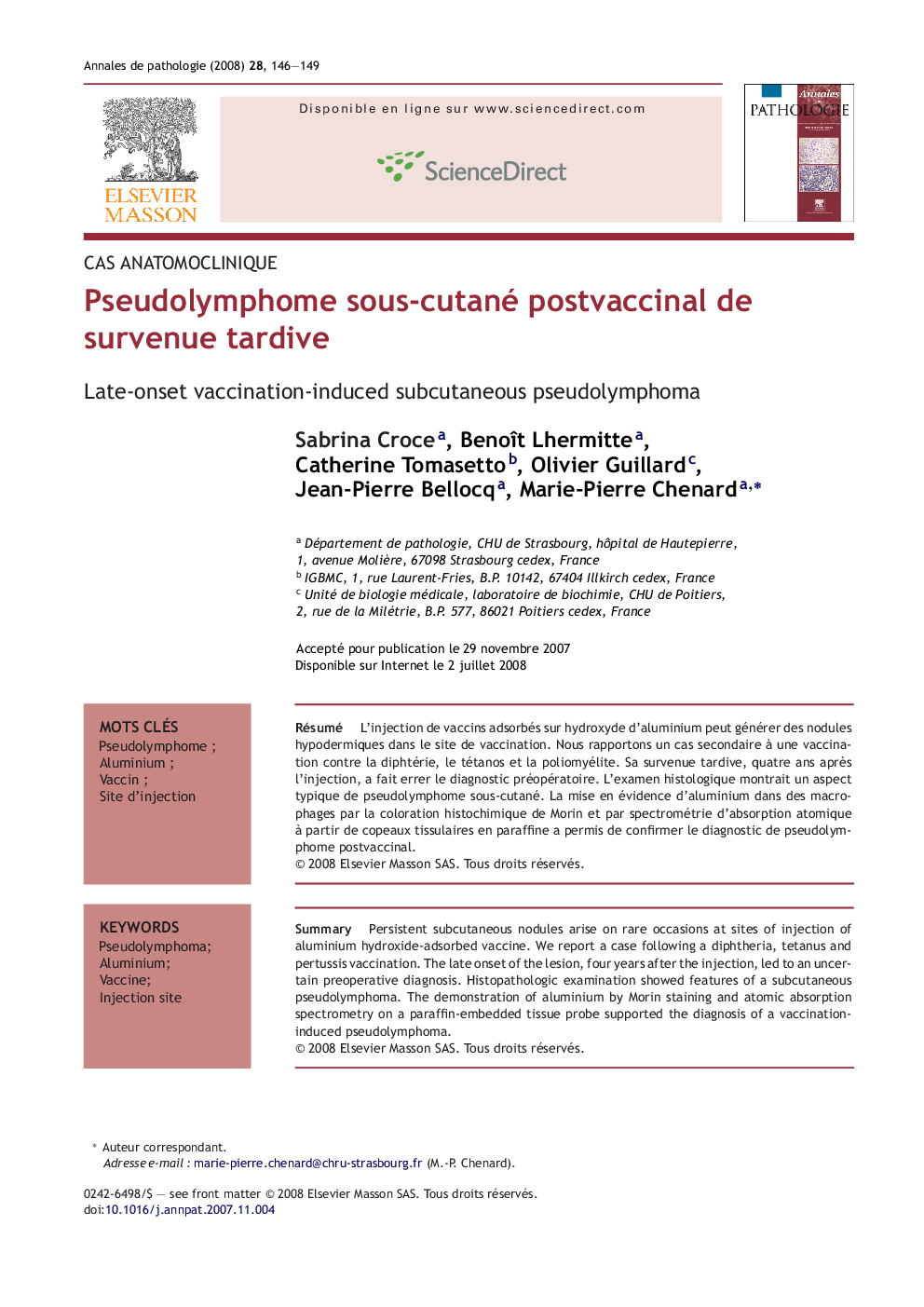 Pseudolymphome sous-cutané postvaccinal de survenue tardive