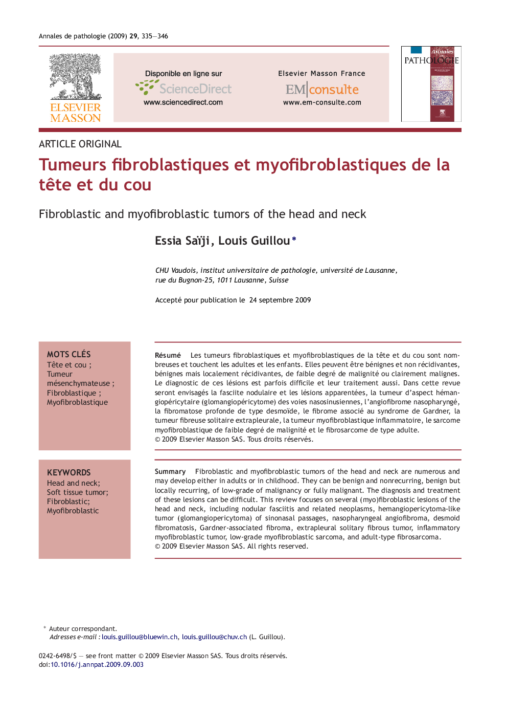 Tumeurs fibroblastiques et myofibroblastiques de la tÃªte et du cou