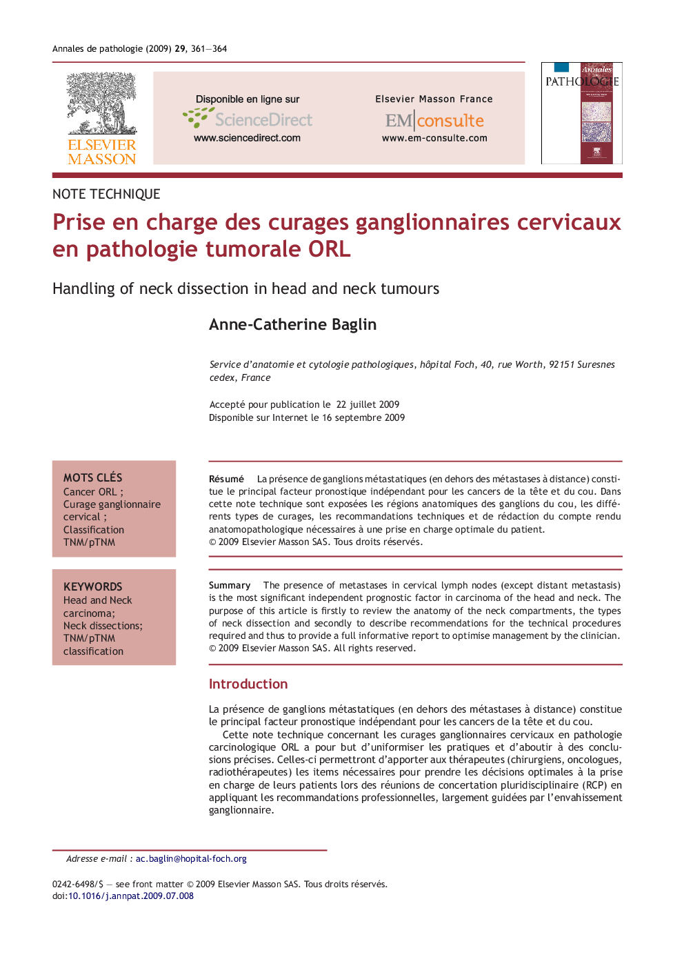 Prise en charge des curages ganglionnaires cervicaux en pathologie tumorale ORL