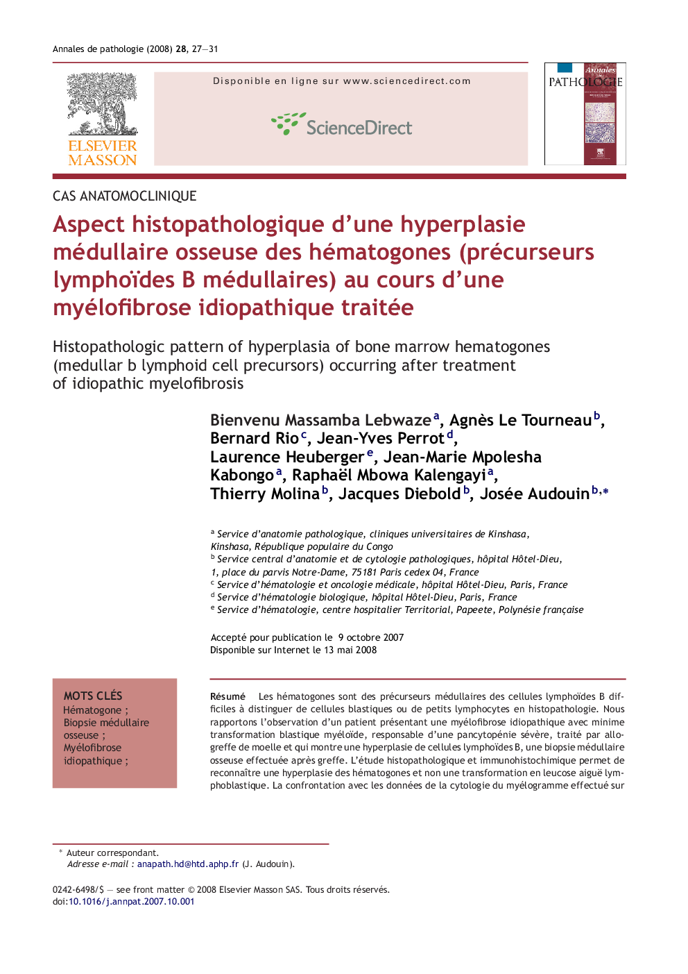 Aspect histopathologique d'une hyperplasie médullaire osseuse des hématogones (précurseurs lymphoïdes B médullaires) au cours d'une myélofibrose idiopathique traitée