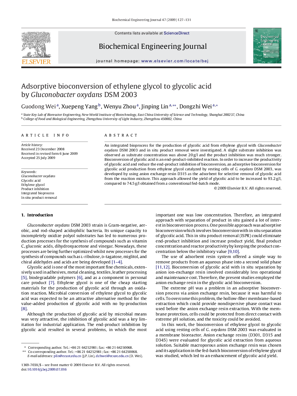Adsorptive bioconversion of ethylene glycol to glycolic acid by Gluconobacter oxydans DSM 2003