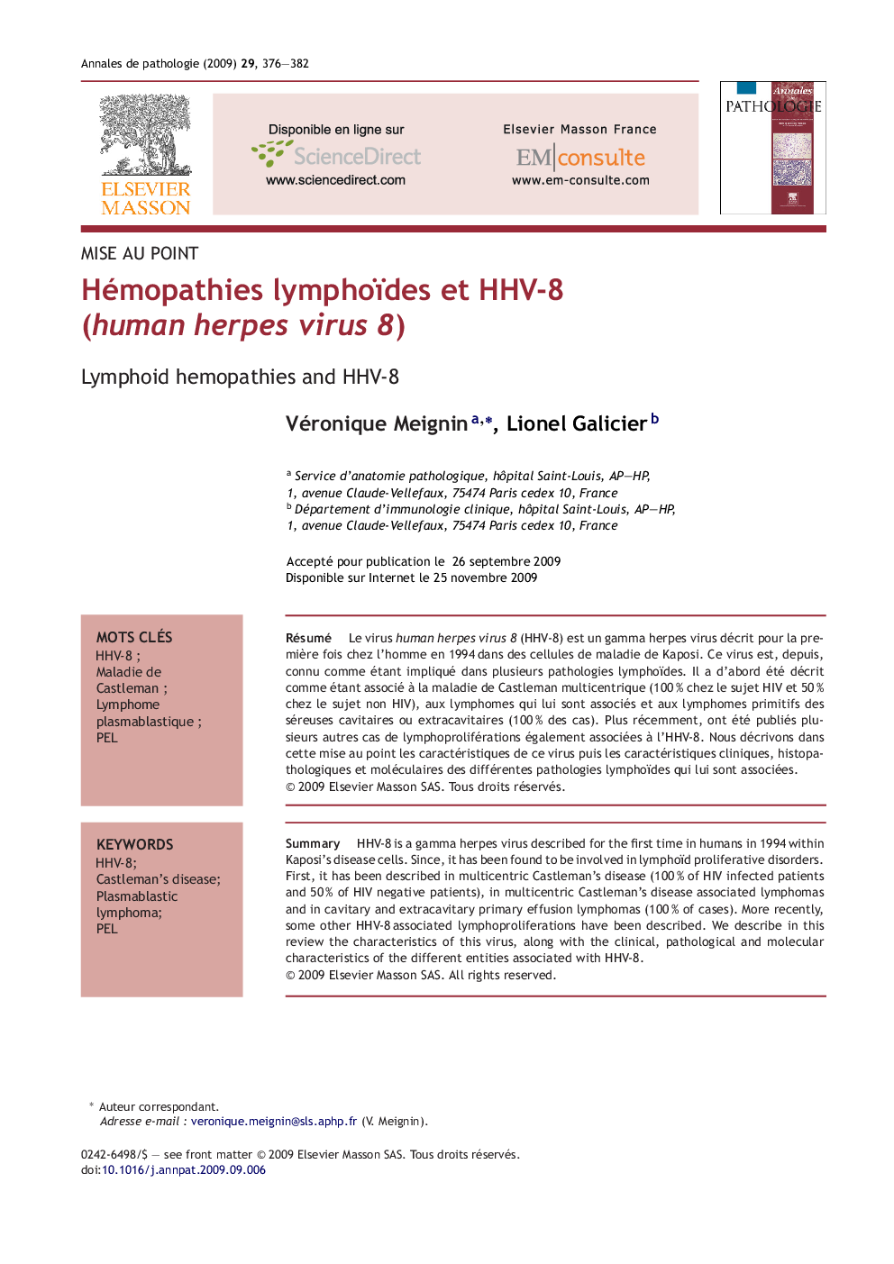 Hémopathies lymphoïdes et HHV-8 (human herpes virus 8)