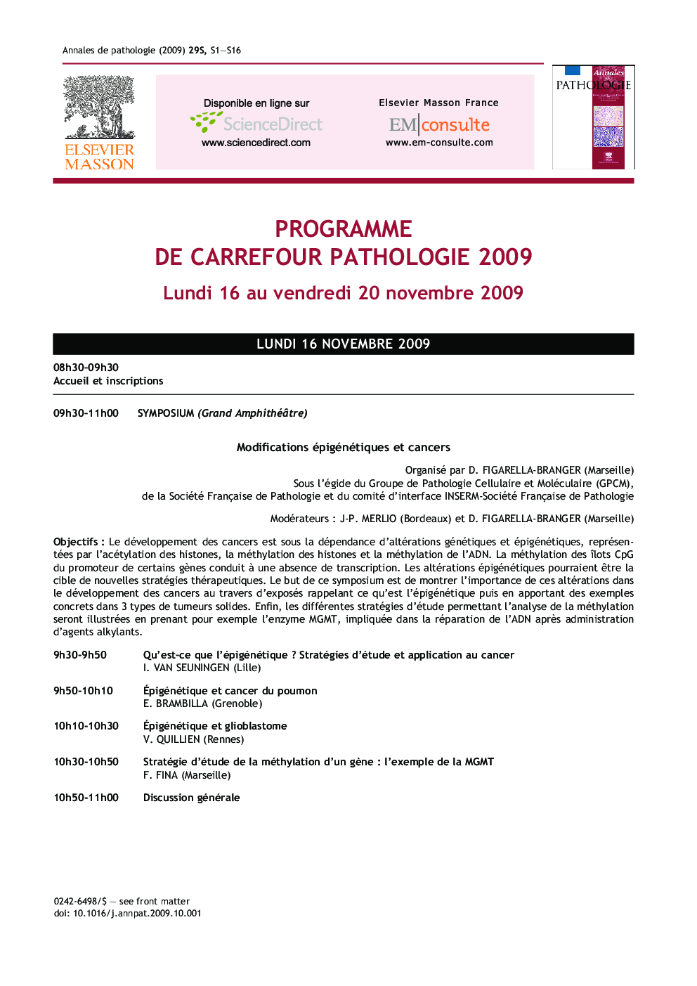 Programme de Carrefour Pathologie 2009 - Lundi 16 au vendredi 20 novembre 2009