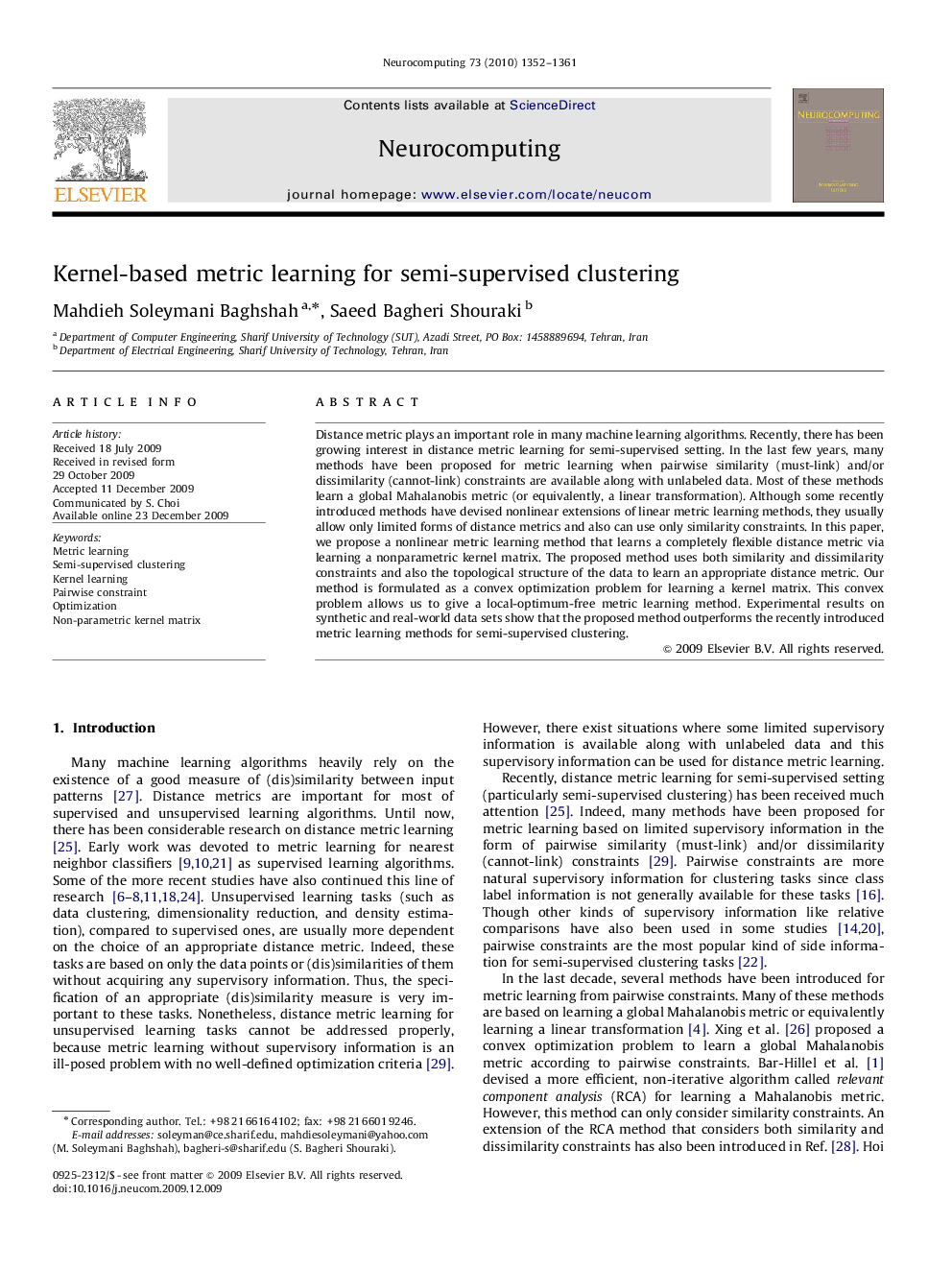 Kernel-based metric learning for semi-supervised clustering