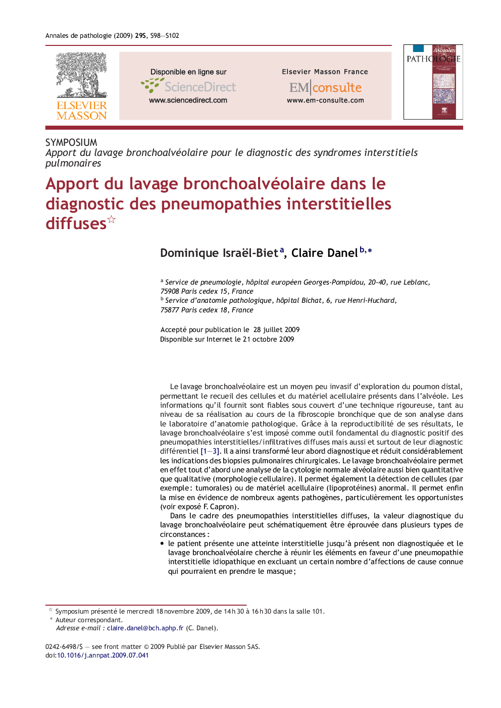 Apport du lavage bronchoalvéolaire dans le diagnostic des pneumopathies interstitielles diffuses