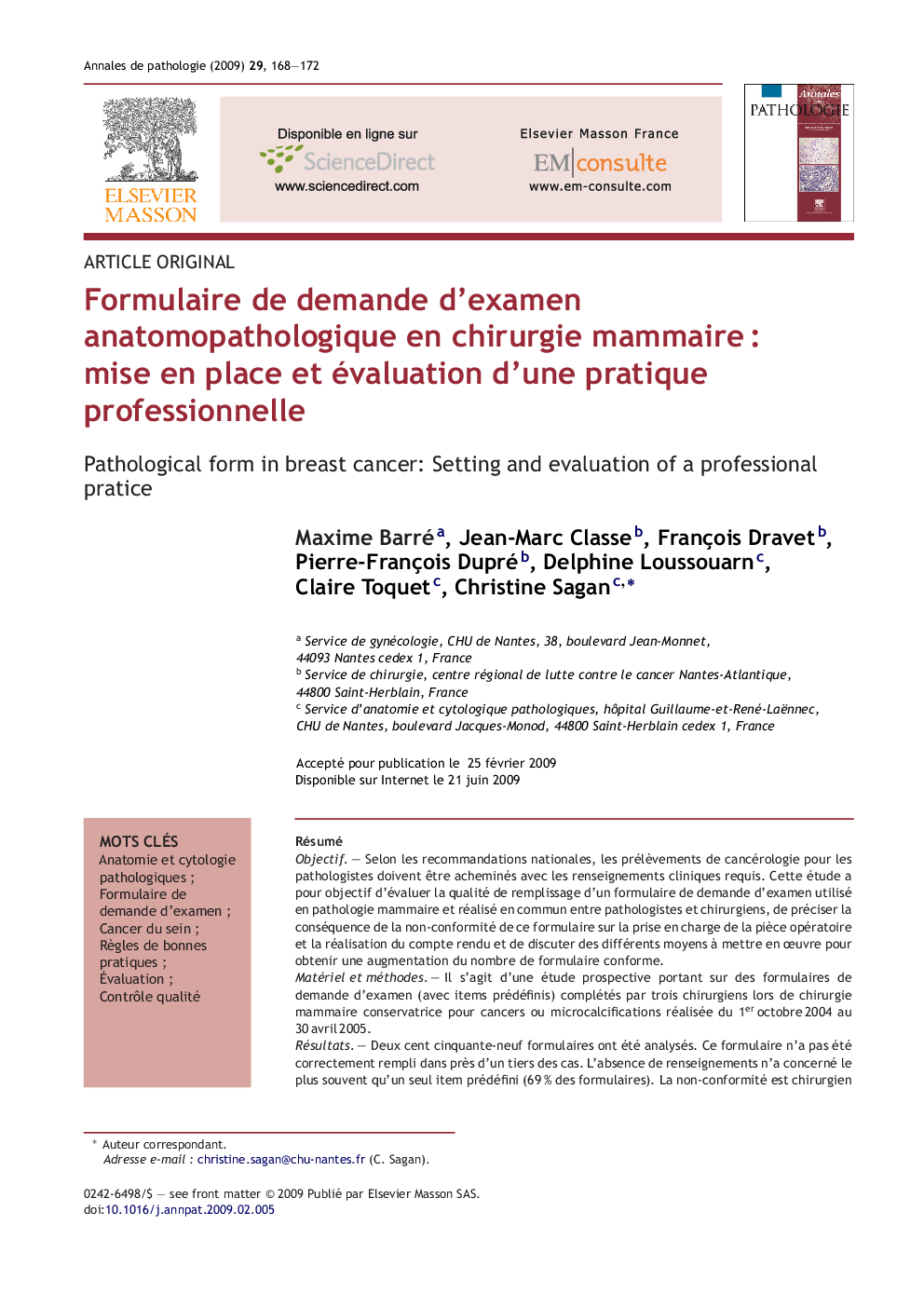 Formulaire de demande d'examen anatomopathologique en chirurgie mammaireÂ : mise en place et évaluation d'une pratique professionnelle