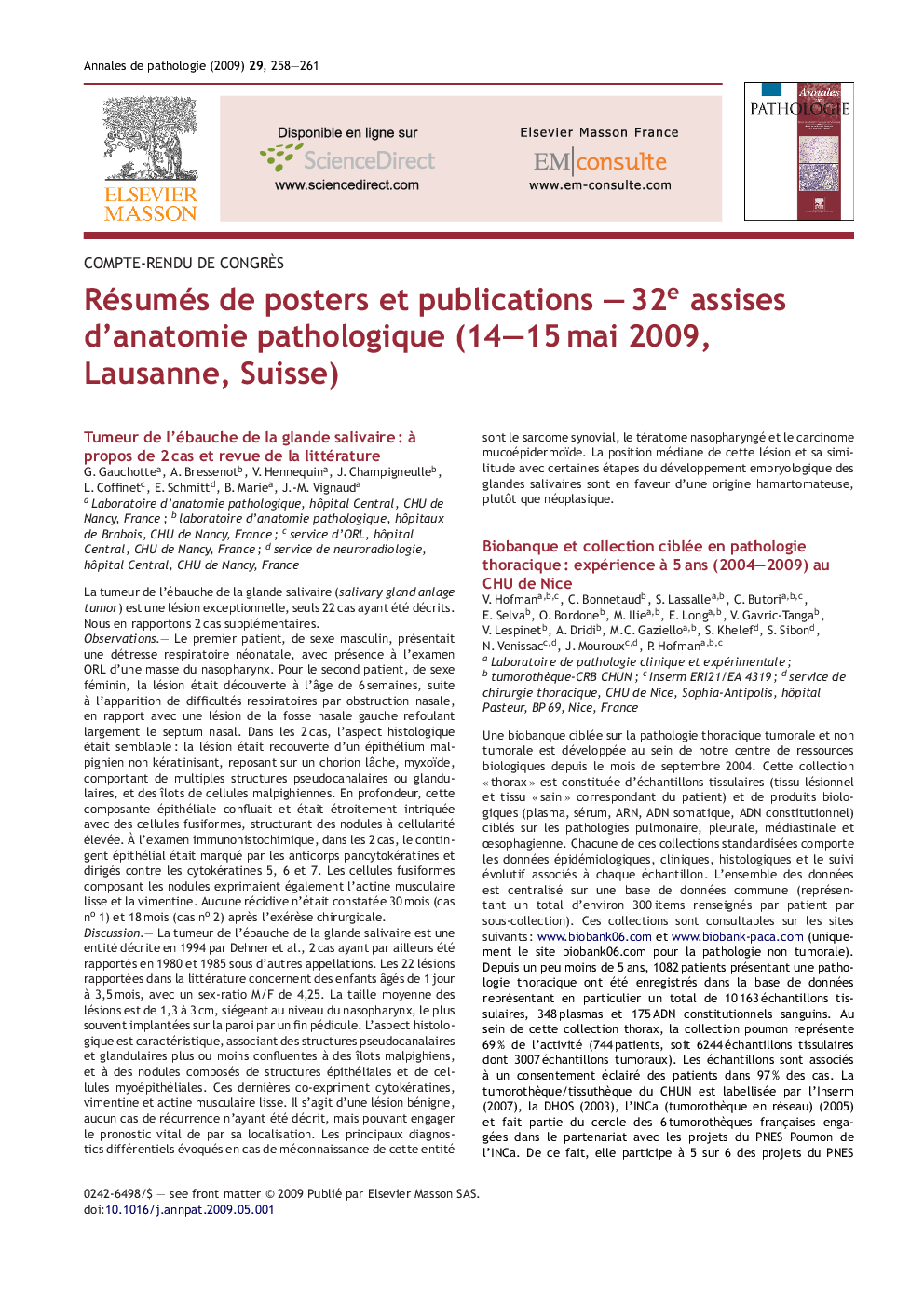 Resumes de posters et publications - 32es Assises d'Anatomie Pathologique - (14-15 Mai 2009 - Lausanne, Suisse)
