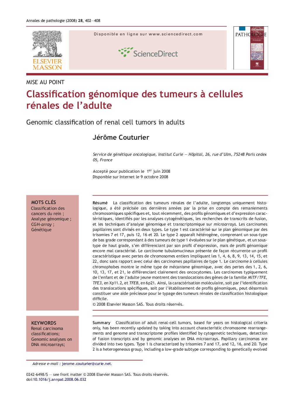 Classification génomique des tumeurs Ã  cellules rénales de l'adulte