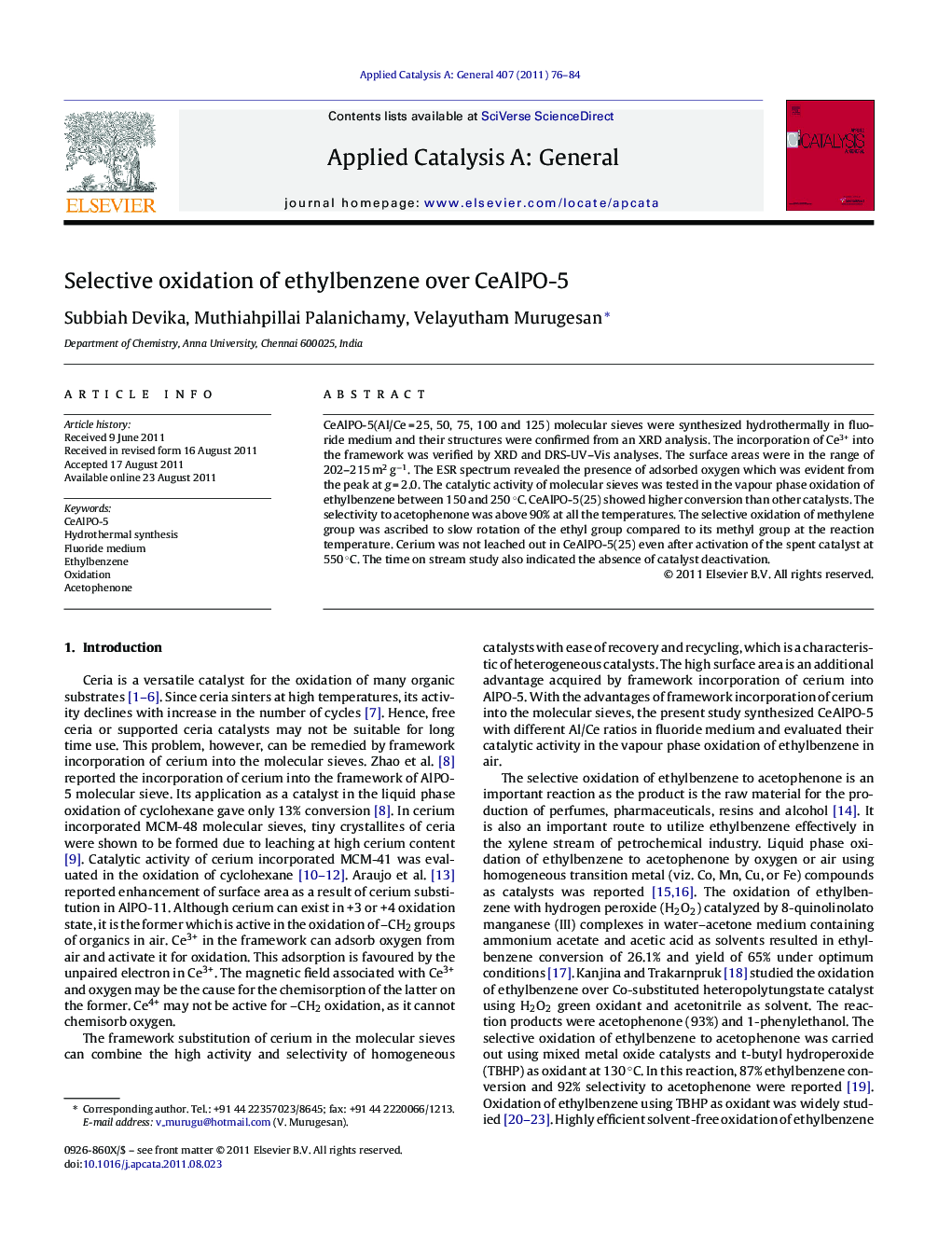 Selective oxidation of ethylbenzene over CeAlPO-5