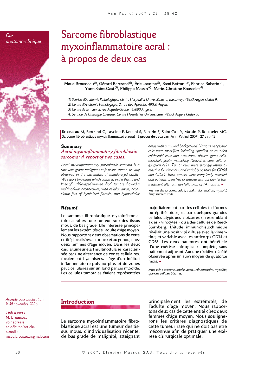 Sarcome fibroblastique myxoinflammatoire acral : Ã  propos de deux cas