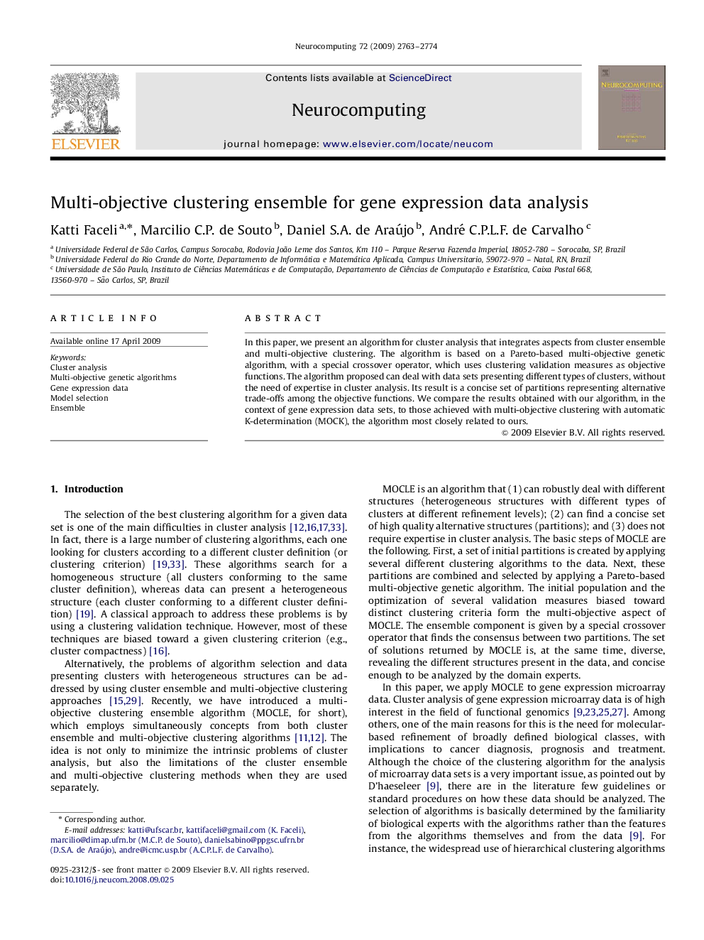 Multi-objective clustering ensemble for gene expression data analysis