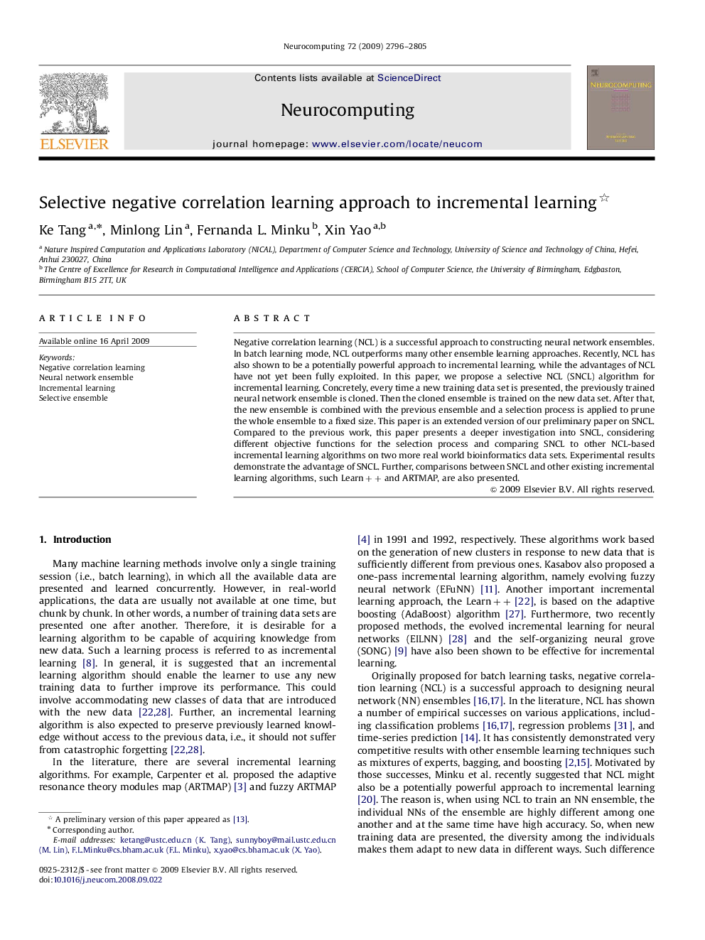 Selective negative correlation learning approach to incremental learning 