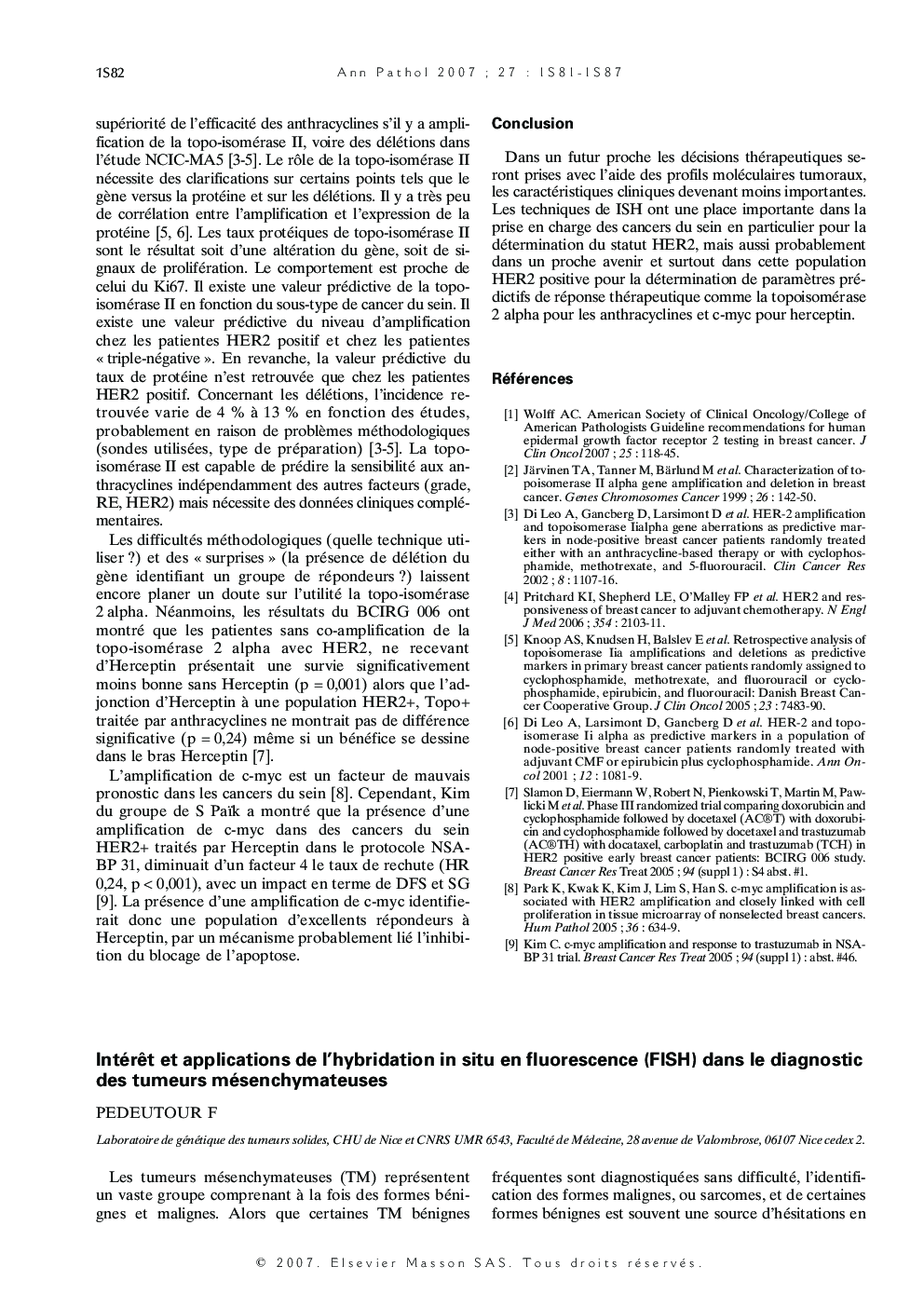 عکس صفحه اول مقاله: Intérêt et applications de l'hybridation in situ en fluorescence (FISH) dans le diagnostic des tumeurs mésenchymateuses Intérêt et applications de l'hybridation in situ en fluorescence (FISH) dans le diagnostic des tumeurs mésenchymateuses