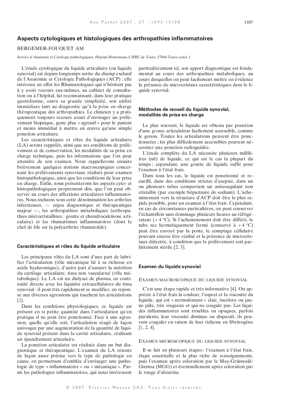 Aspects cytologiques et histologiques des arthropathies inflammatoires