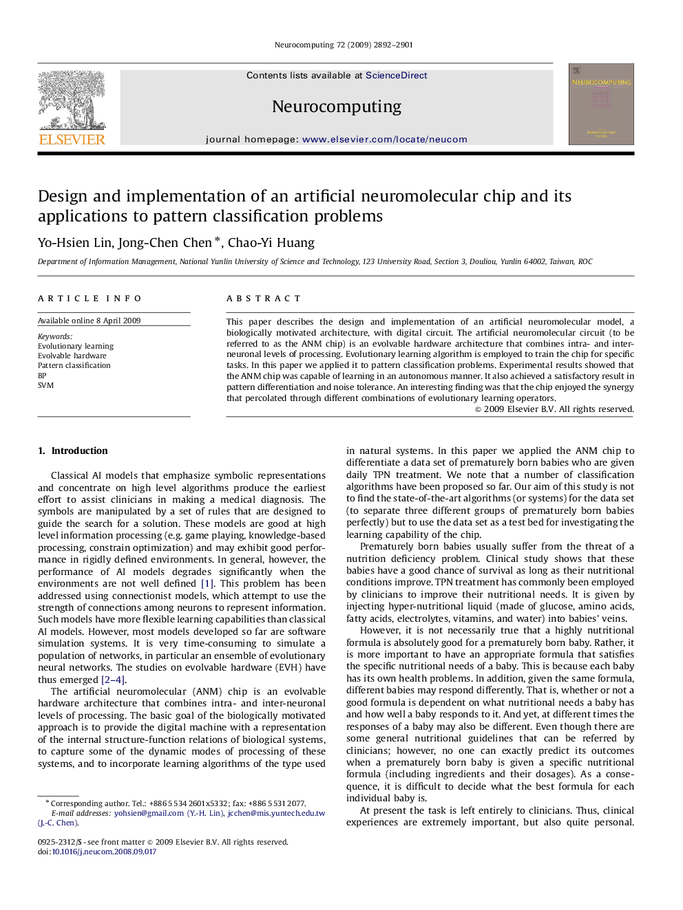 Design and implementation of an artificial neuromolecular chip and its applications to pattern classification problems