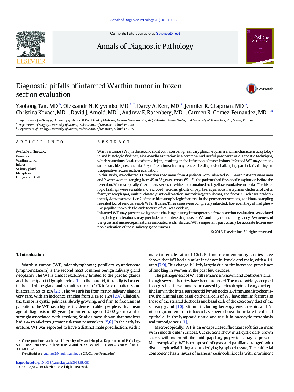 Diagnostic pitfalls of infarcted Warthin tumor in frozen section evaluation