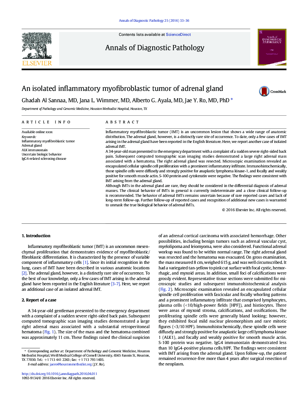 An isolated inflammatory myofibroblastic tumor of adrenal gland