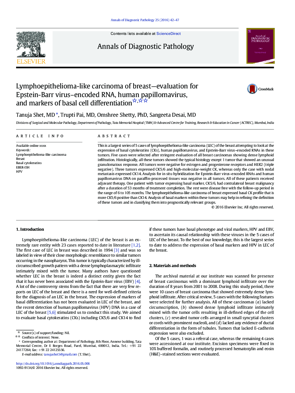 Lymphoepithelioma-like carcinoma of breast—evaluation for Epstein-Barr virus–encoded RNA, human papillomavirus, and markers of basal cell differentiation 