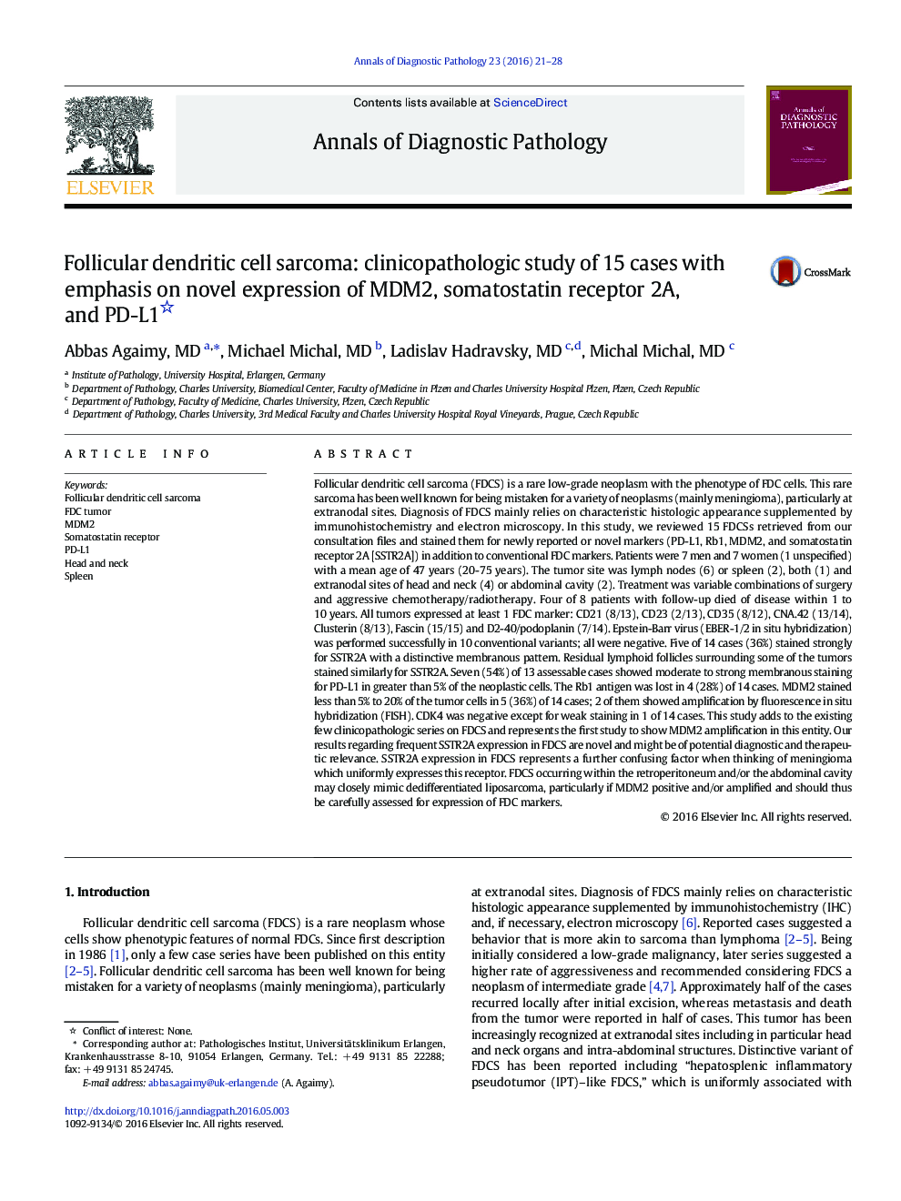 Follicular dendritic cell sarcoma: clinicopathologic study of 15 cases with emphasis on novel expression of MDM2, somatostatin receptor 2A, and PD-L1 