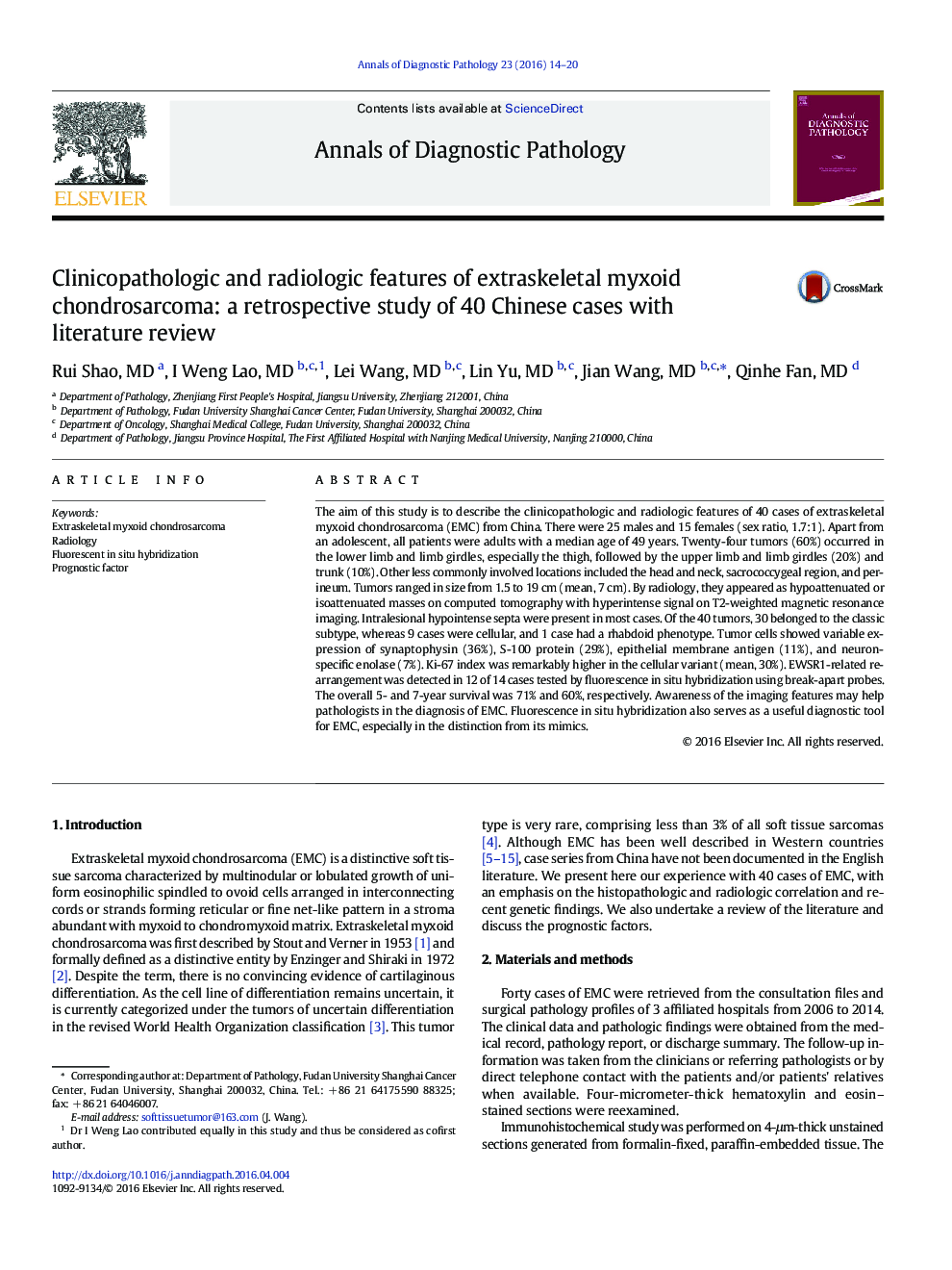 Clinicopathologic and radiologic features of extraskeletal myxoid chondrosarcoma: a retrospective study of 40 Chinese cases with literature review