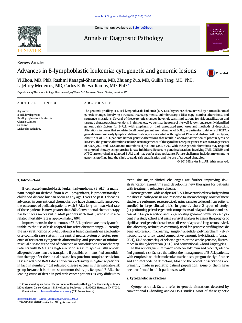 Advances in B-lymphoblastic leukemia: cytogenetic and genomic lesions