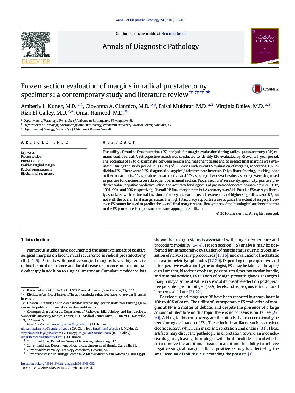 Frozen section evaluation of margins in radical prostatectomy specimens: a contemporary study and literature review ★