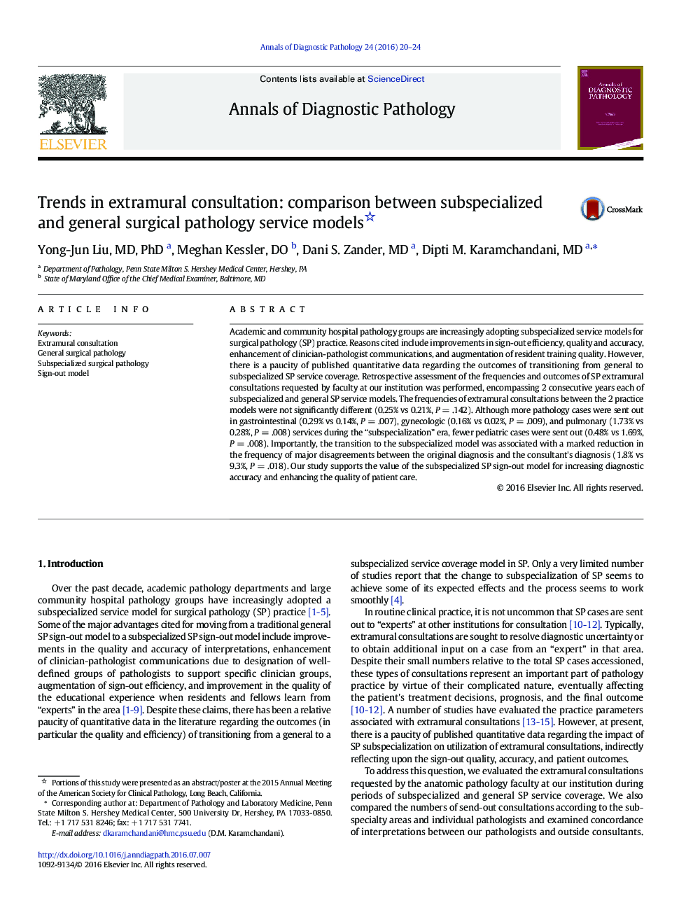 Trends in extramural consultation: comparison between subspecialized and general surgical pathology service models 