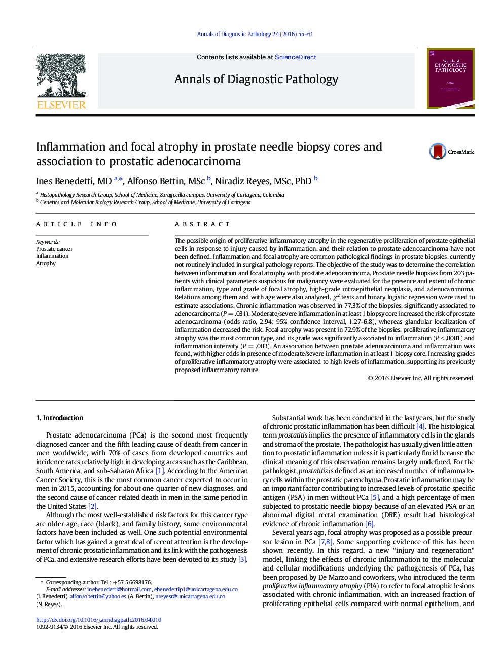 Inflammation and focal atrophy in prostate needle biopsy cores and association to prostatic adenocarcinoma