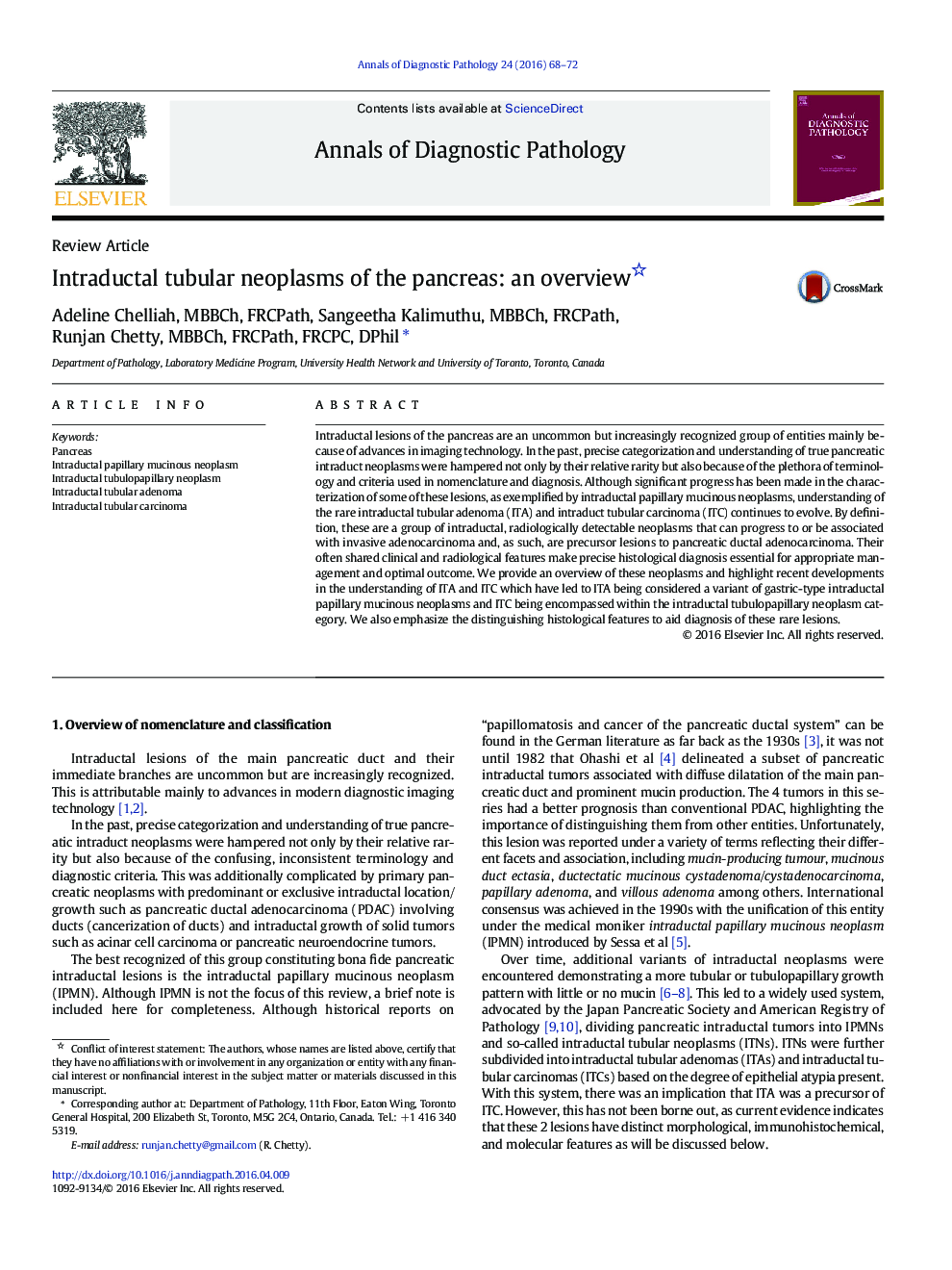 Intraductal tubular neoplasms of the pancreas: an overview 