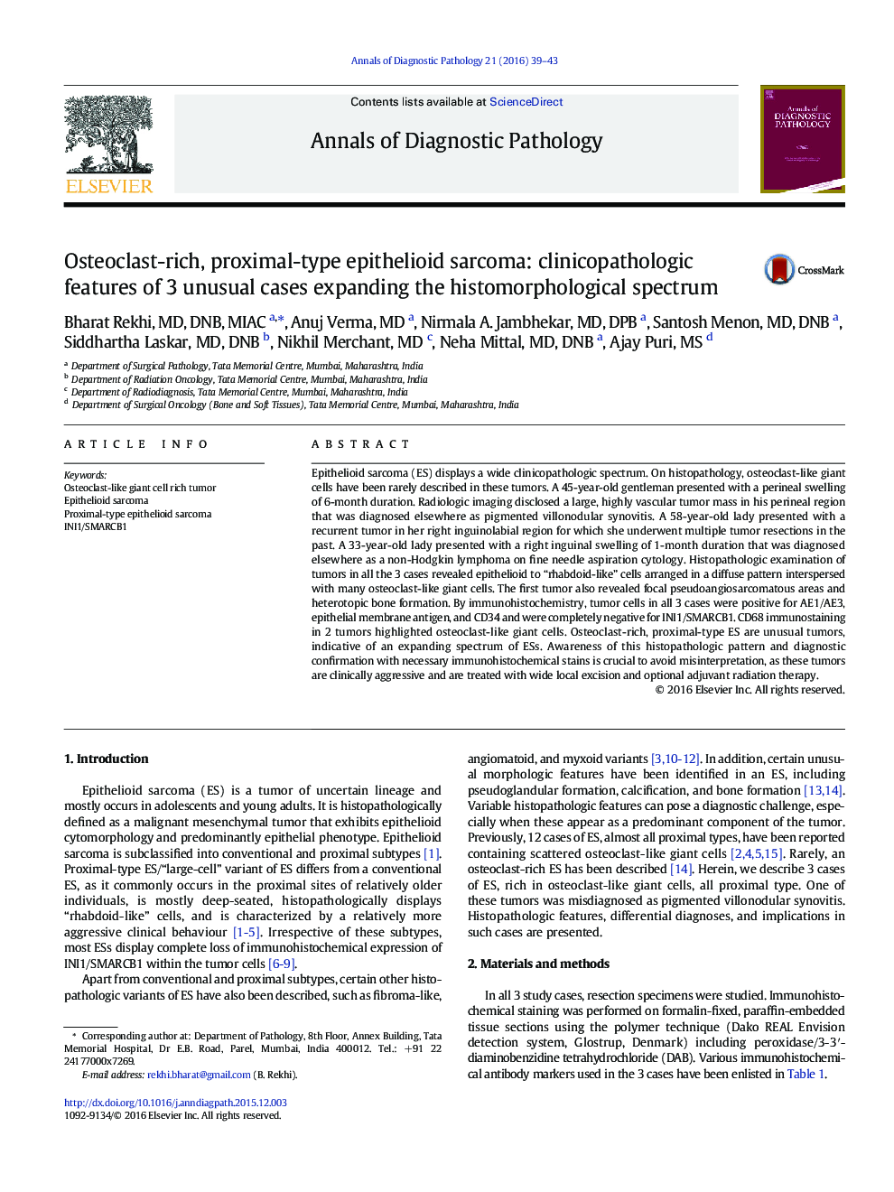 Osteoclast-rich, proximal-type epithelioid sarcoma: clinicopathologic features of 3 unusual cases expanding the histomorphological spectrum