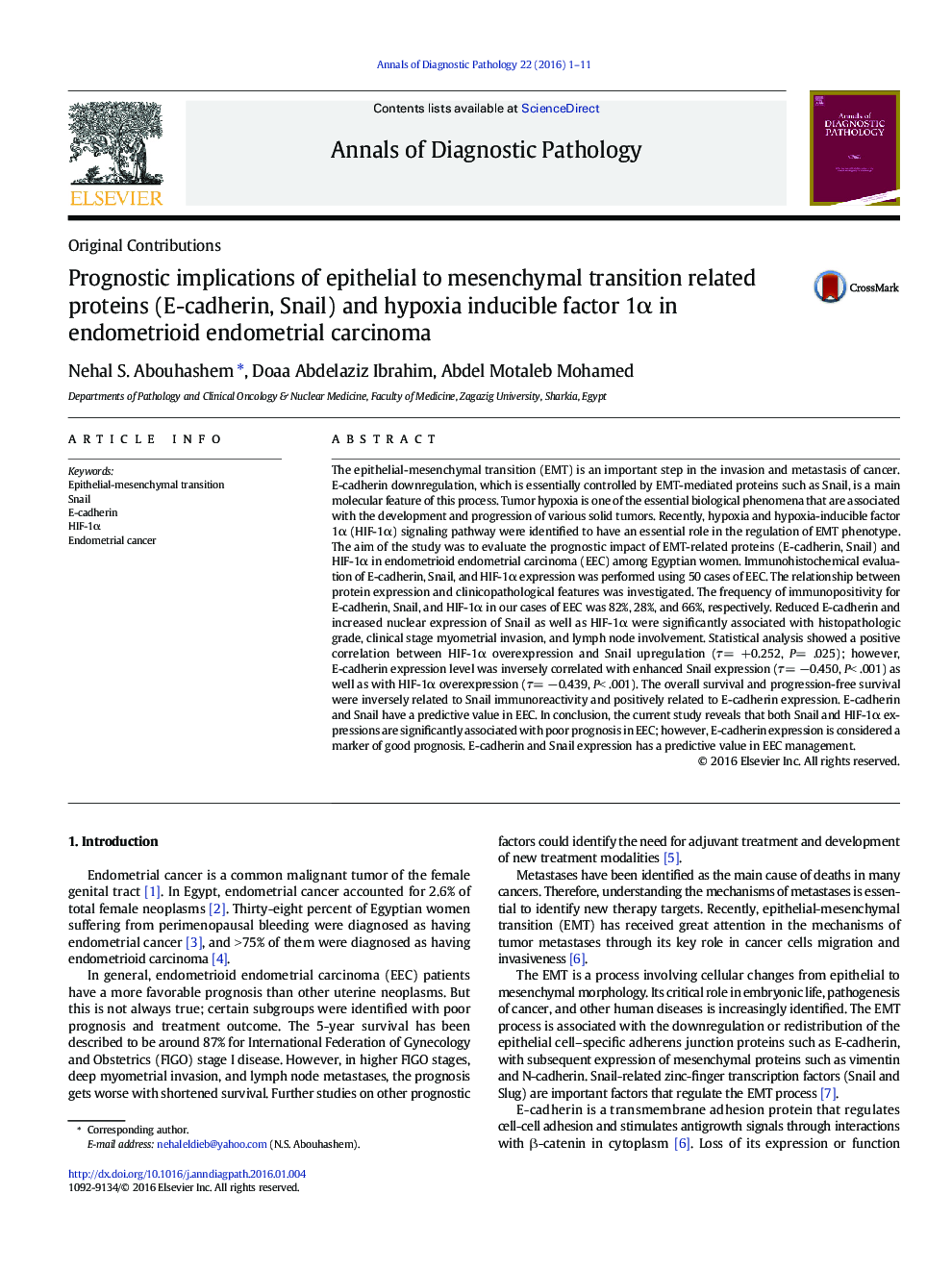 Prognostic implications of epithelial to mesenchymal transition related proteins (E-cadherin, Snail) and hypoxia inducible factor 1α in endometrioid endometrial carcinoma